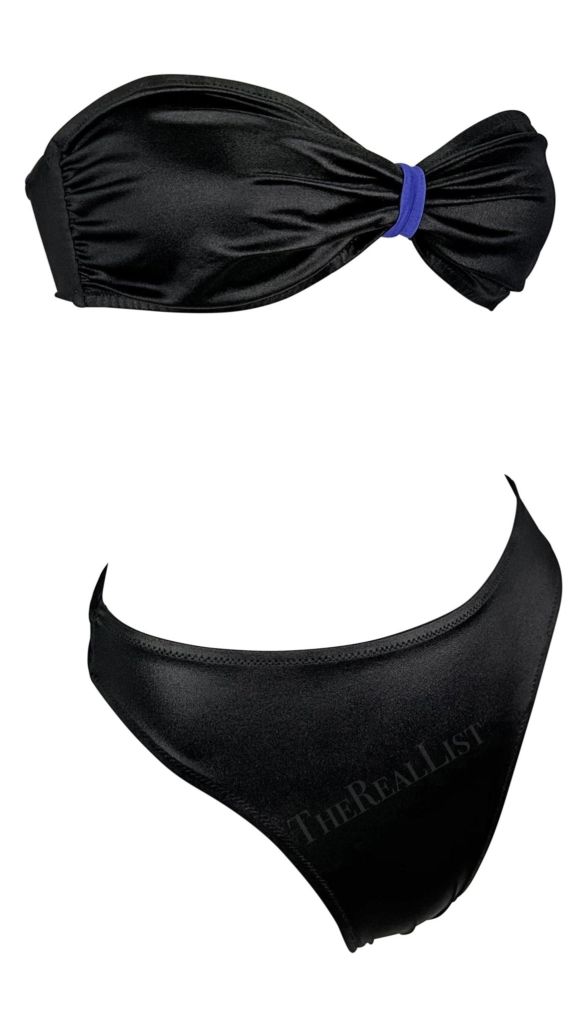 1980s Gianni Versace Blue Black Wrap Tie Strapless Two - Piece Bikini Swimsuit - RealList