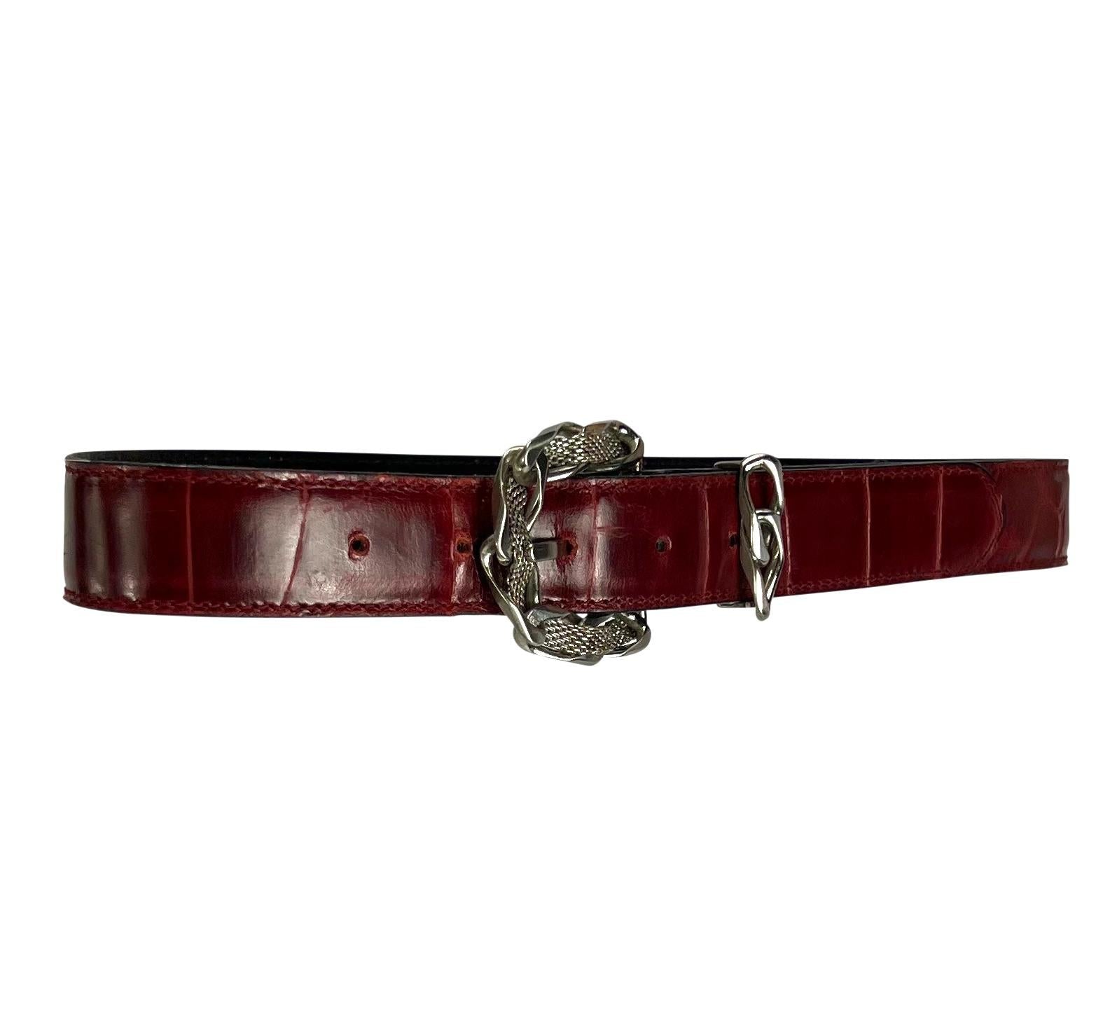 1980s Gianni Versace Chain Buckle Red Crocodile Embossed Leather Belt - RealList