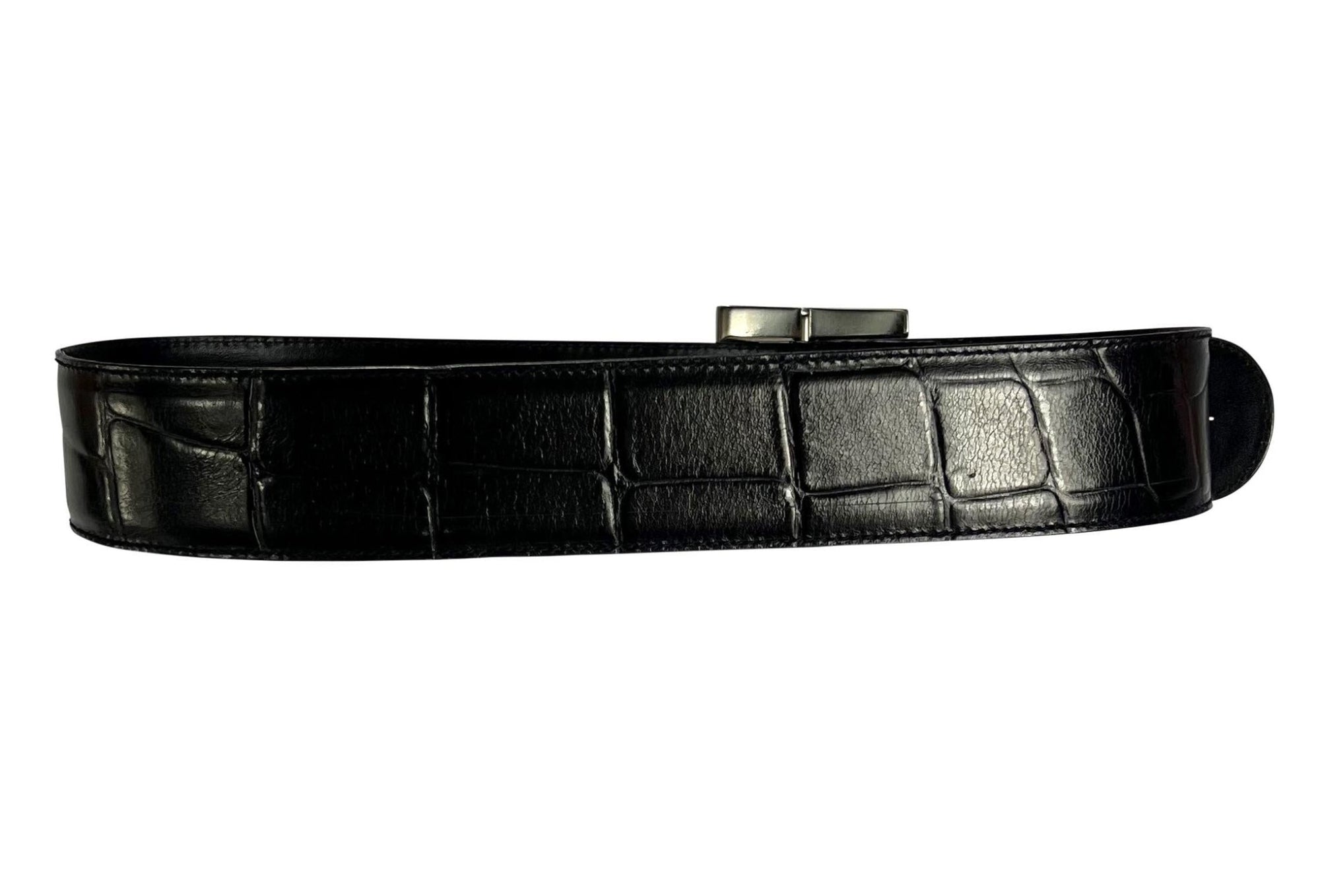 1980s Gianni Versace Oversized Buckle Black Croc Embossed Leather Belt - RealList