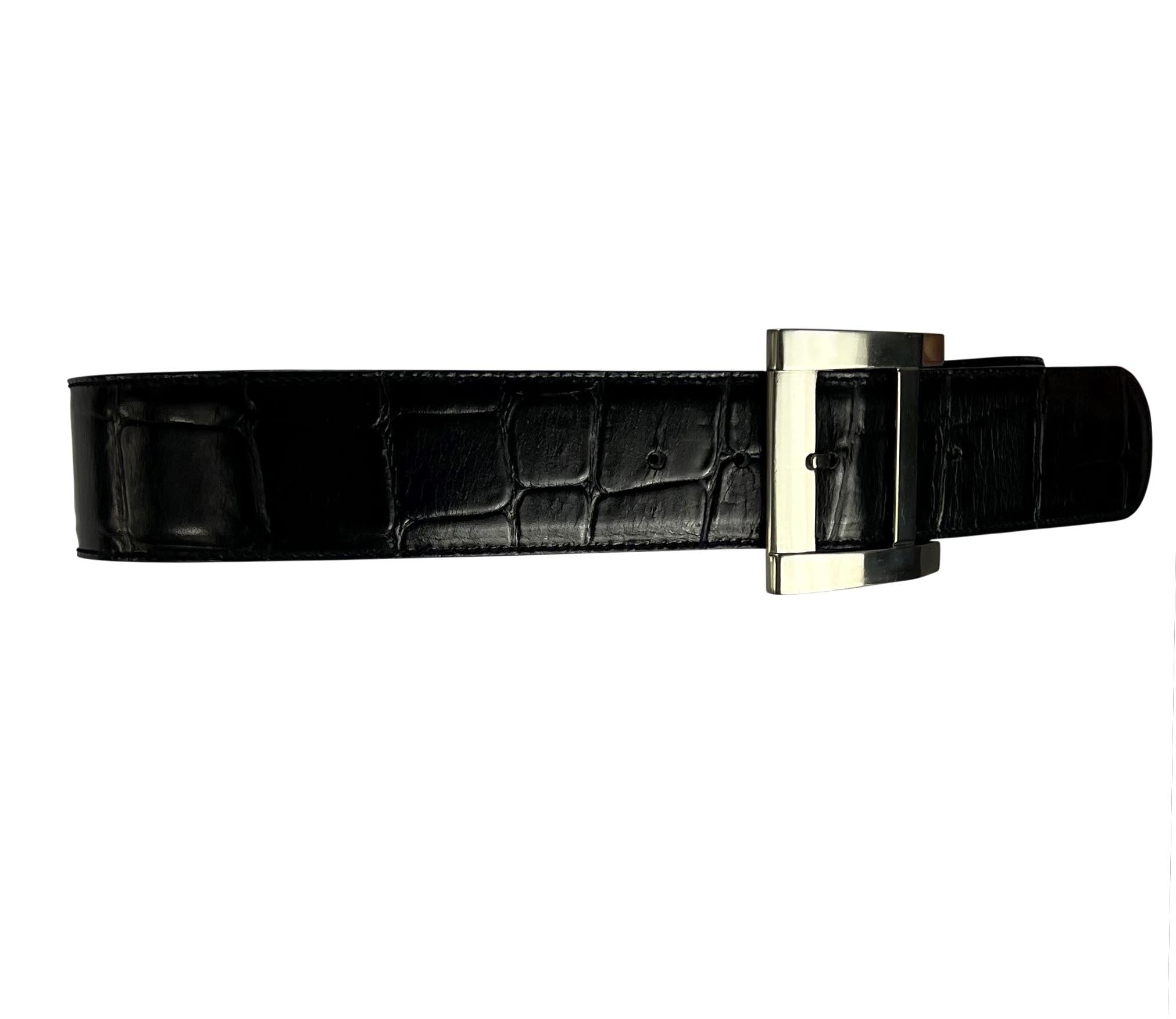 1980s Gianni Versace Oversized Buckle Black Croc Embossed Leather Belt - RealList