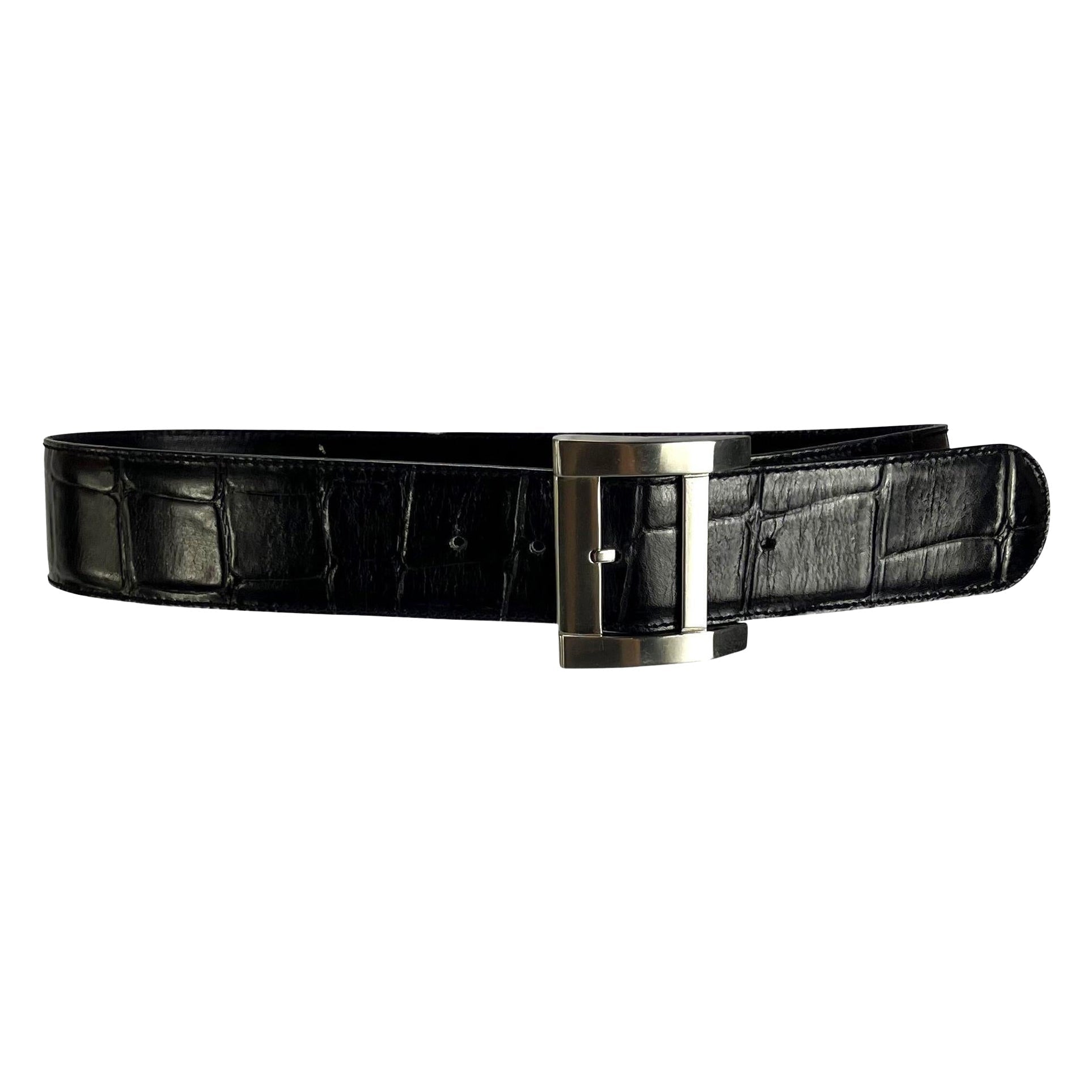 1980s Gianni Versace Oversized Buckle Black Croc Embossed Leather Belt - RealList