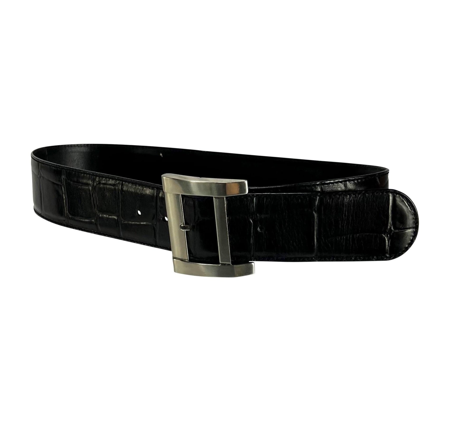 1980s Gianni Versace Oversized Buckle Black Croc Embossed Leather Belt - RealList