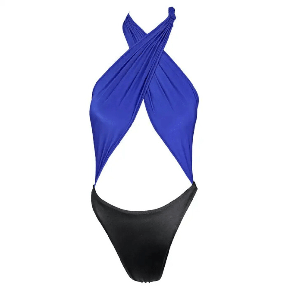 1980s Gianni Versace Plunging Wrap Blue Black One - Piece Bikini Swimsuit - RealList