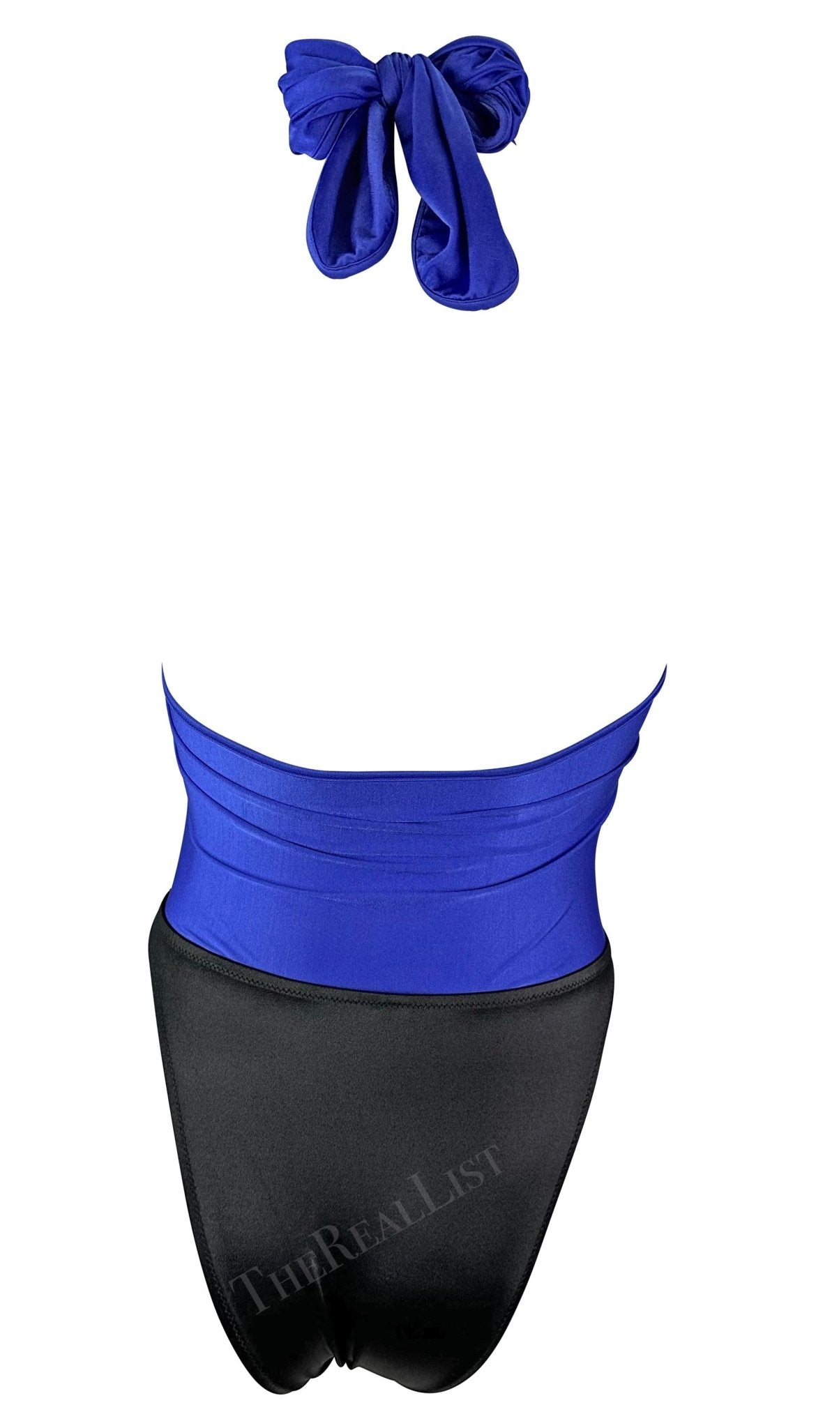 1980s Gianni Versace Plunging Wrap Blue Black One - Piece Bikini Swimsuit - RealList