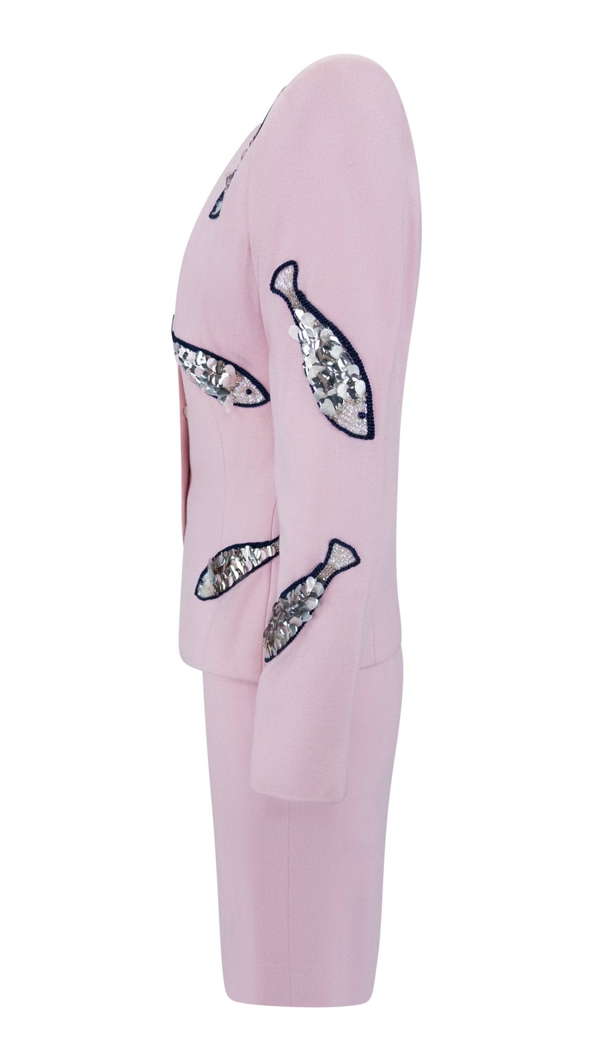 1980s Givenchy Pink Sequin Beaded Fish Motif Skirt Suit - RealList
