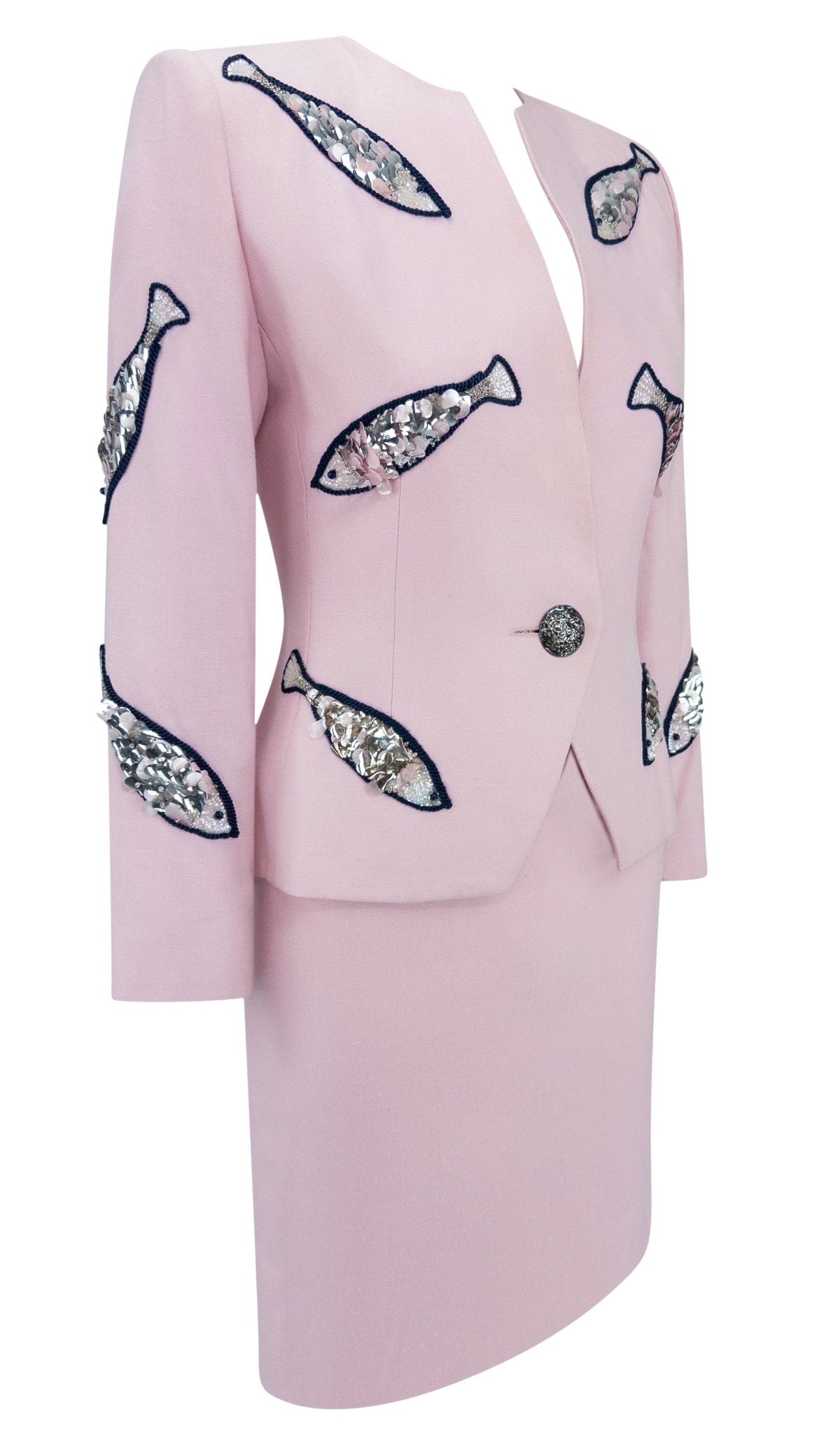 1980s Givenchy Pink Sequin Beaded Fish Motif Skirt Suit - RealList