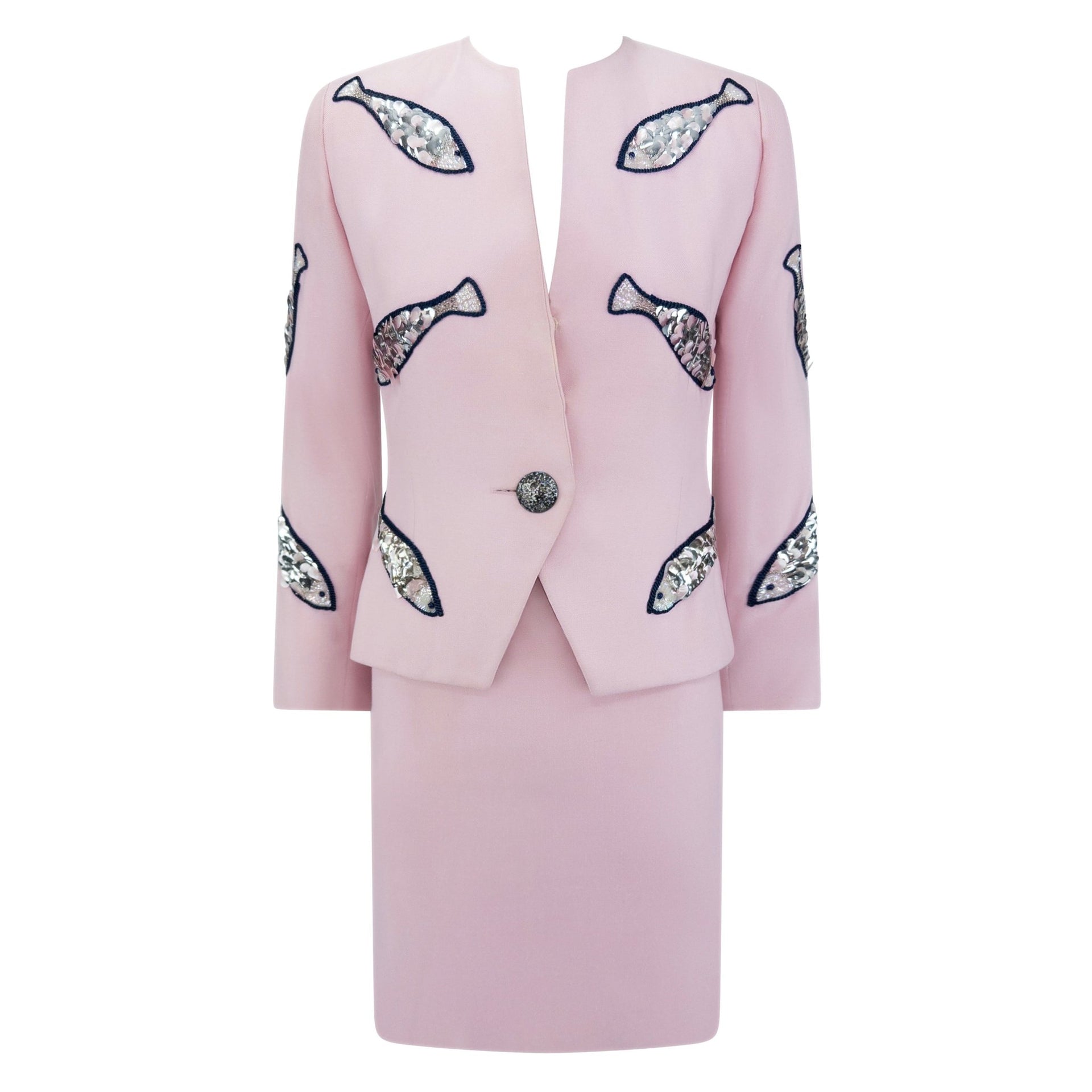 1980s Givenchy Pink Sequin Beaded Fish Motif Skirt Suit - RealList