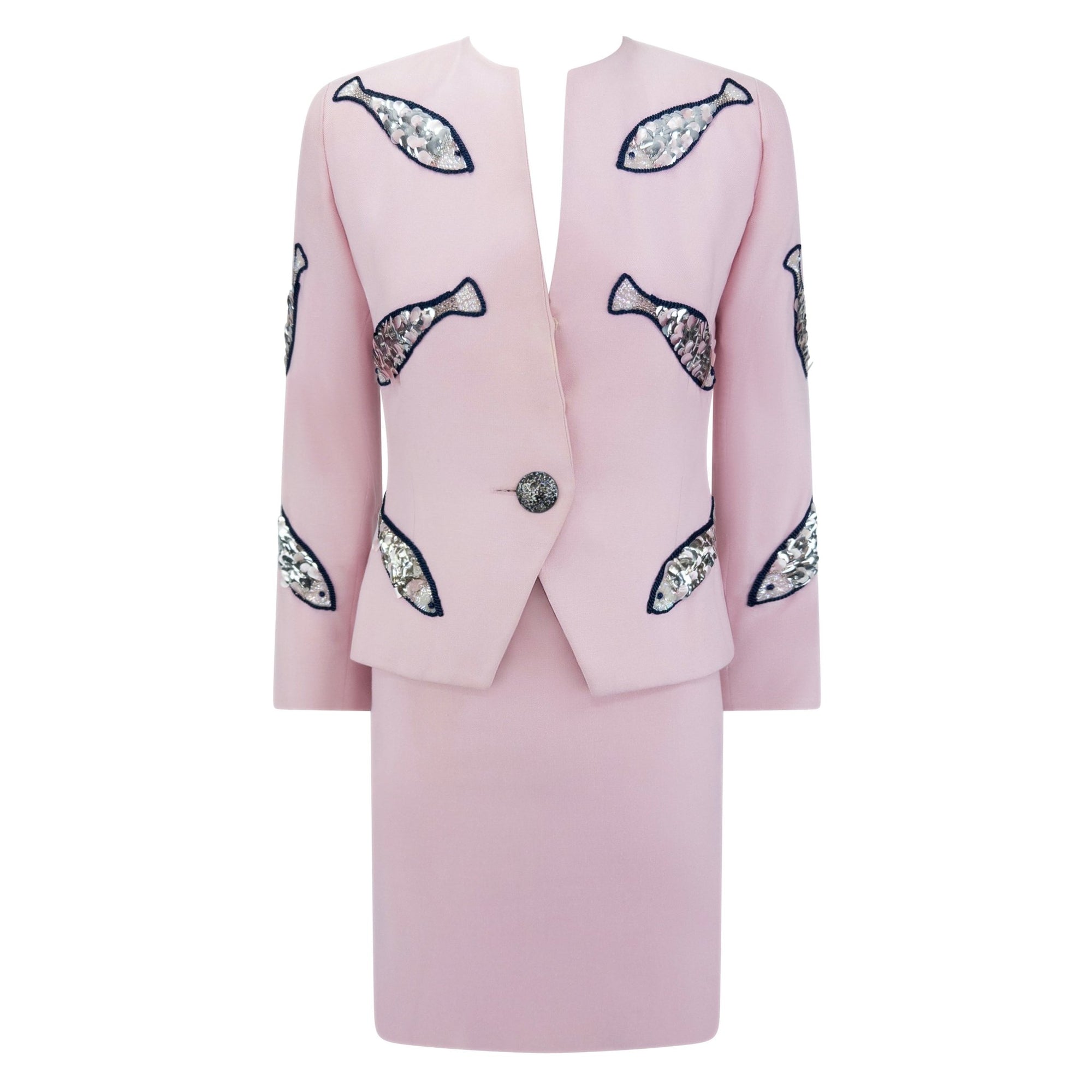 1980s Givenchy Pink Sequin Beaded Fish Motif Skirt Suit - RealList