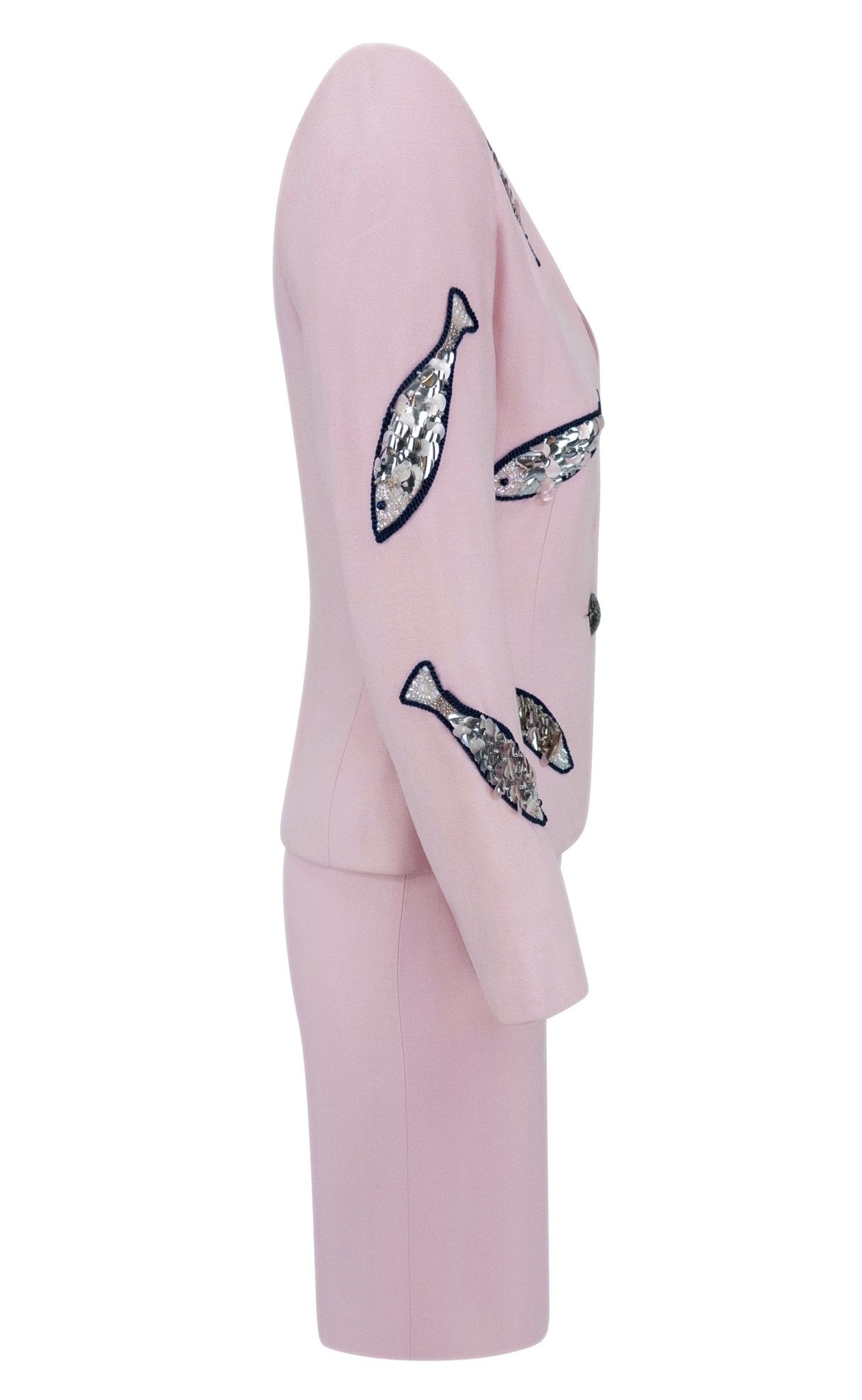 1980s Givenchy Pink Sequin Beaded Fish Motif Skirt Suit - RealList