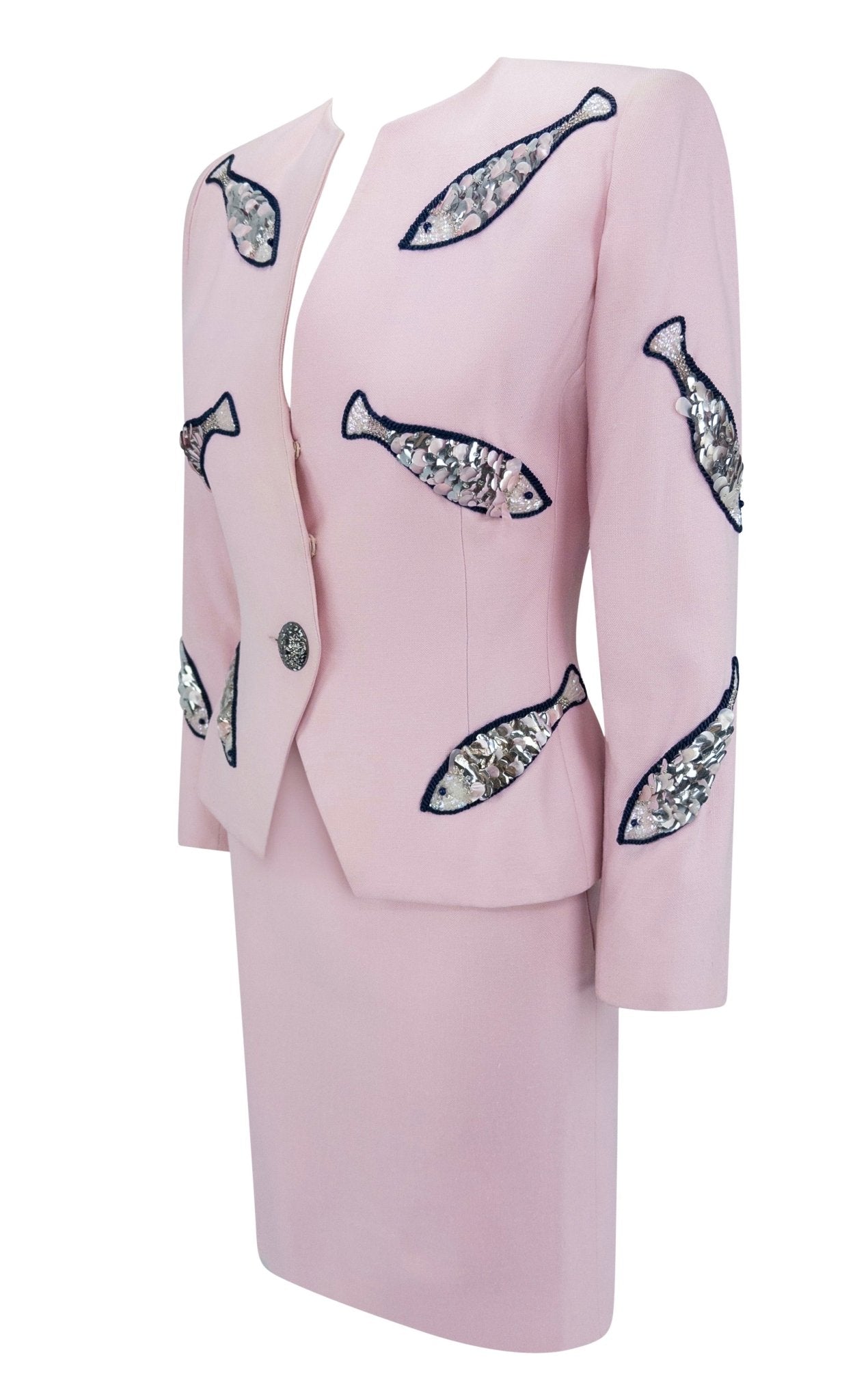 1980s Givenchy Pink Sequin Beaded Fish Motif Skirt Suit - RealList