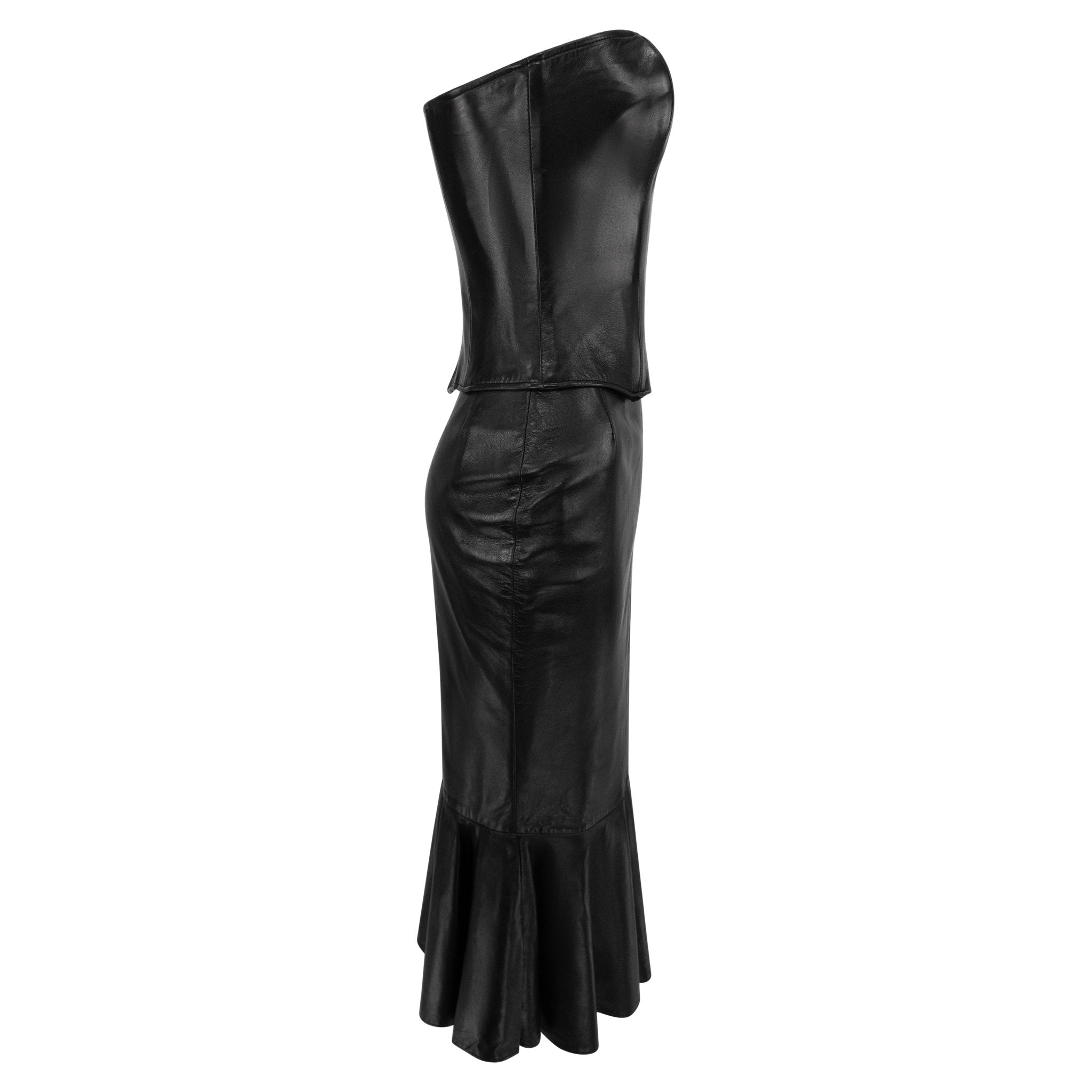 1980s Jean Claude Jitrois Black Leather Corset Flared Skirt Set - RealList
