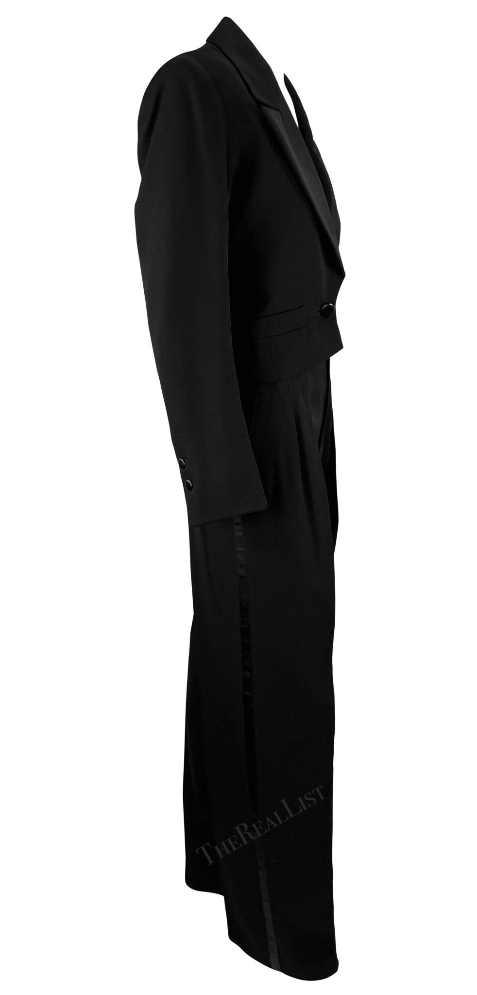 1980s Saint Laurent Rive Gauche Cropped Le Smoking Tuxedo Satin Black Pantsuit - RealList