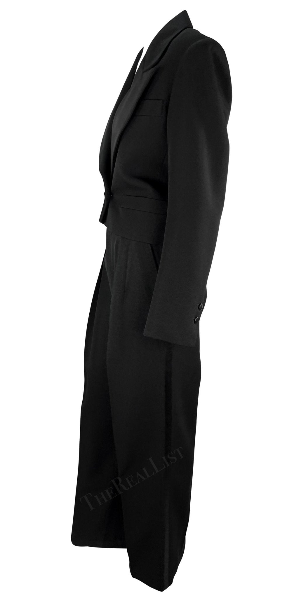 1980s Saint Laurent Rive Gauche Cropped Le Smoking Tuxedo Satin Black Pantsuit - RealList