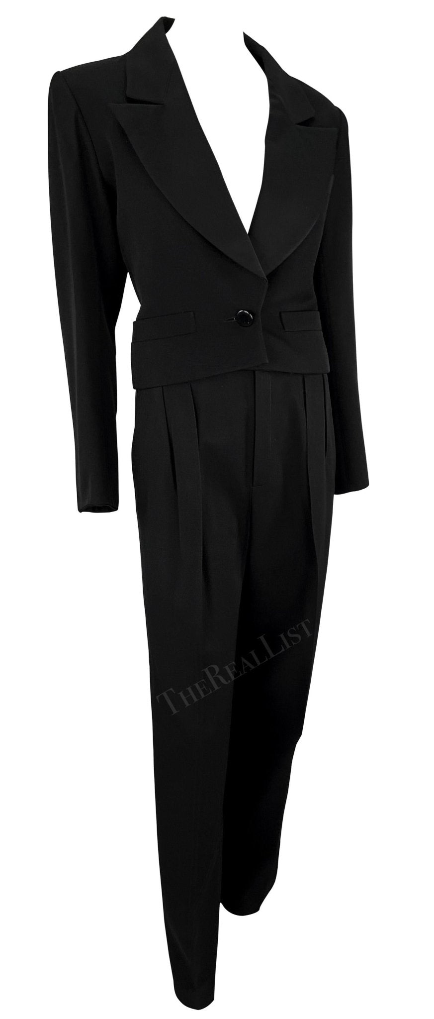 1980s Saint Laurent Rive Gauche Cropped Le Smoking Tuxedo Satin Black Pantsuit - RealList