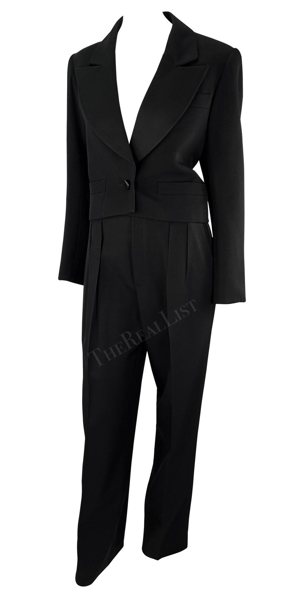1980s Saint Laurent Rive Gauche Cropped Le Smoking Tuxedo Satin Black Pantsuit - RealList