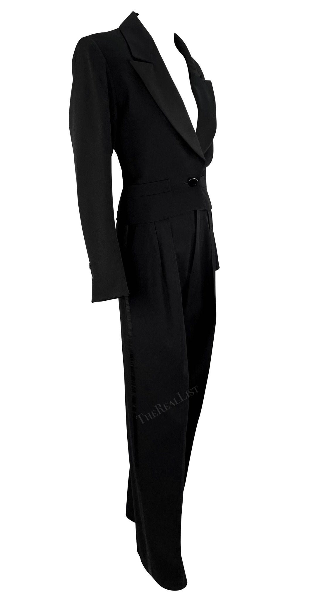 1980s Saint Laurent Rive Gauche Cropped Le Smoking Tuxedo Satin Black Pantsuit - RealList