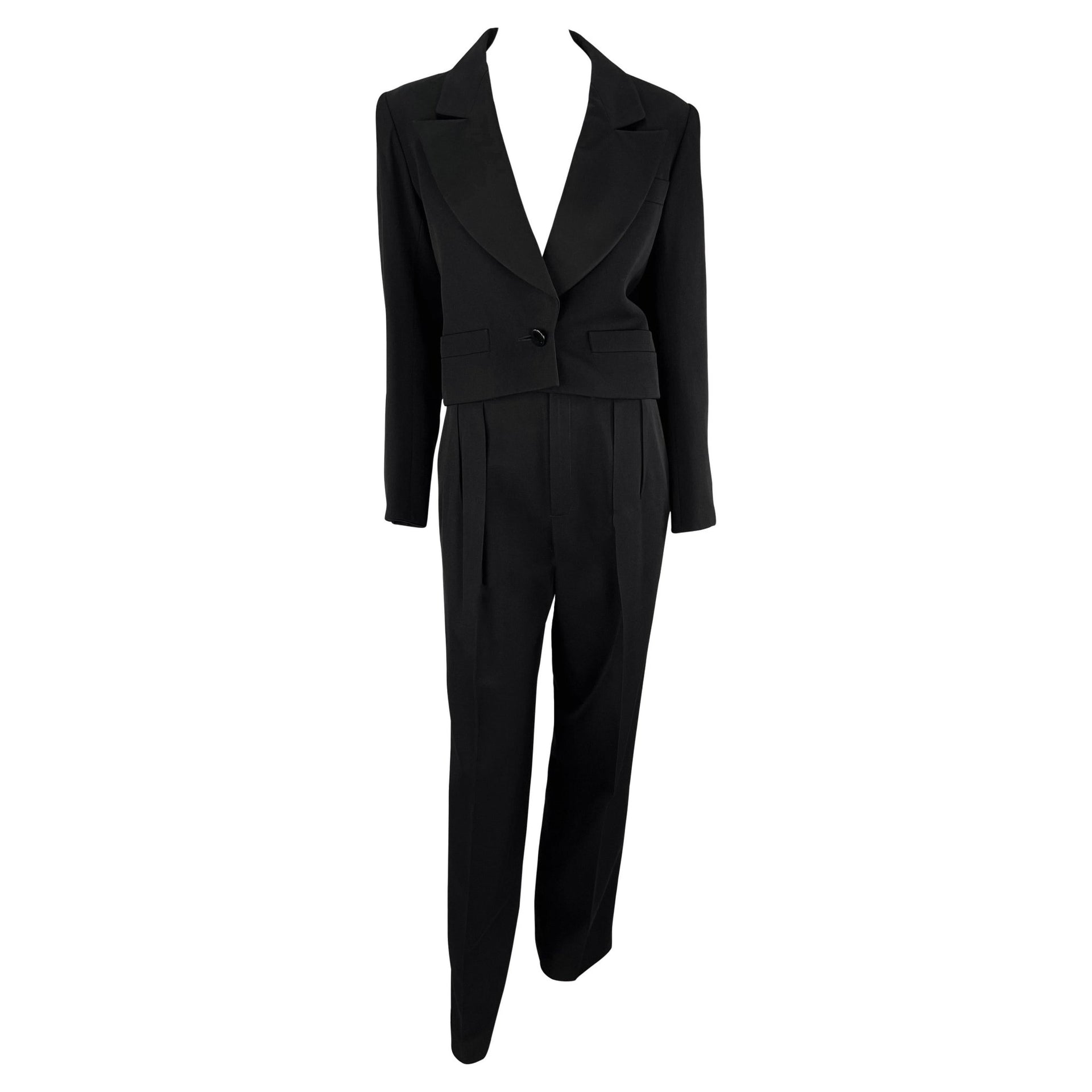 1980s Saint Laurent Rive Gauche Cropped Le Smoking Tuxedo Satin Black Pantsuit - RealList