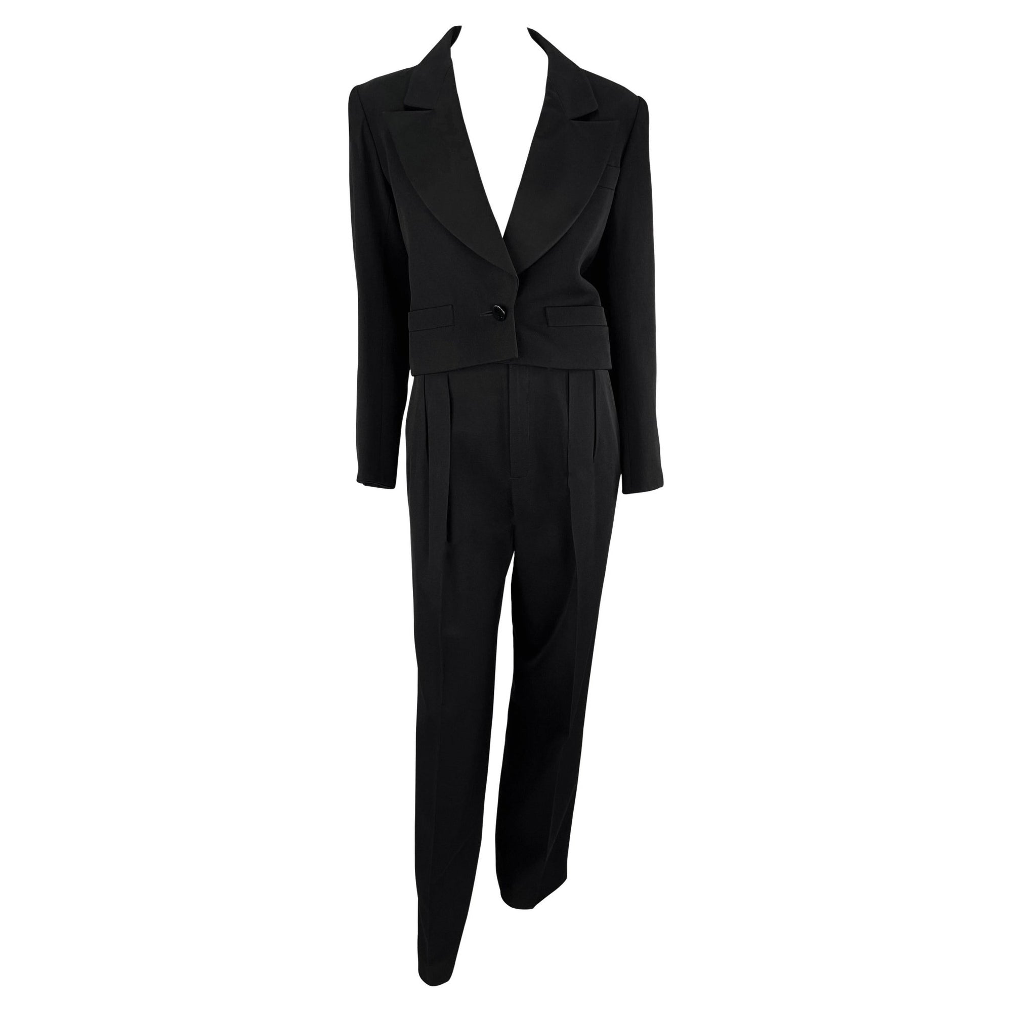 1980s Saint Laurent Rive Gauche Cropped Le Smoking Tuxedo Satin Black Pantsuit - RealList