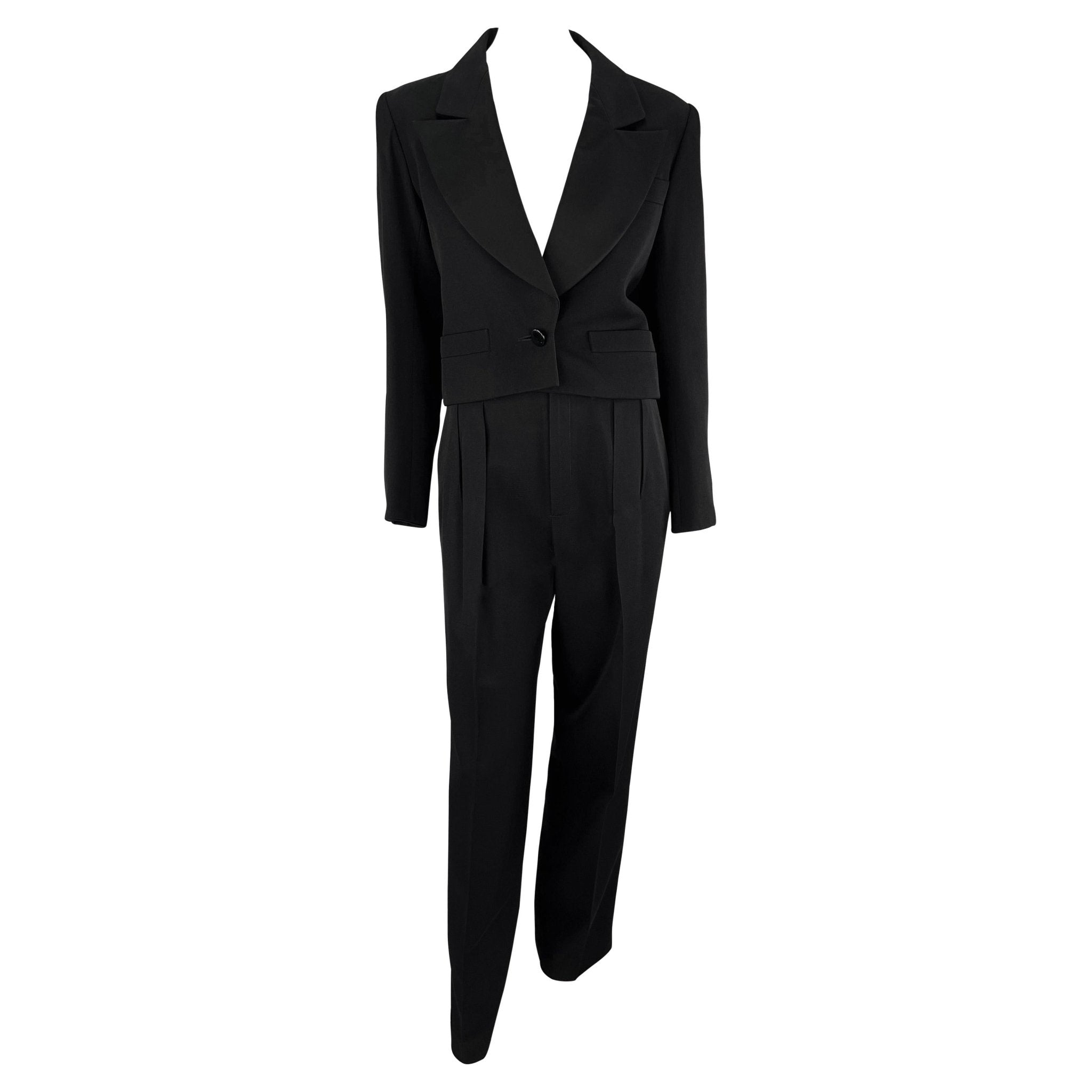 1980s Saint Laurent Rive Gauche Cropped Le Smoking Tuxedo Satin Black Pantsuit - RealList