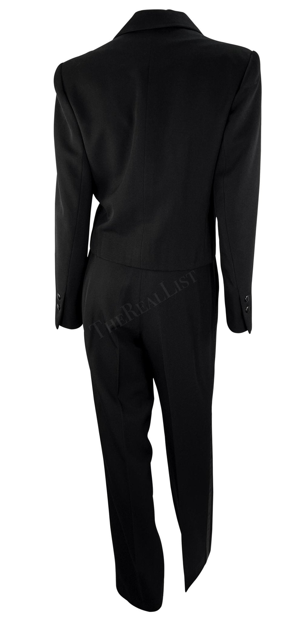 1980s Saint Laurent Rive Gauche Cropped Le Smoking Tuxedo Satin Black Pantsuit - RealList