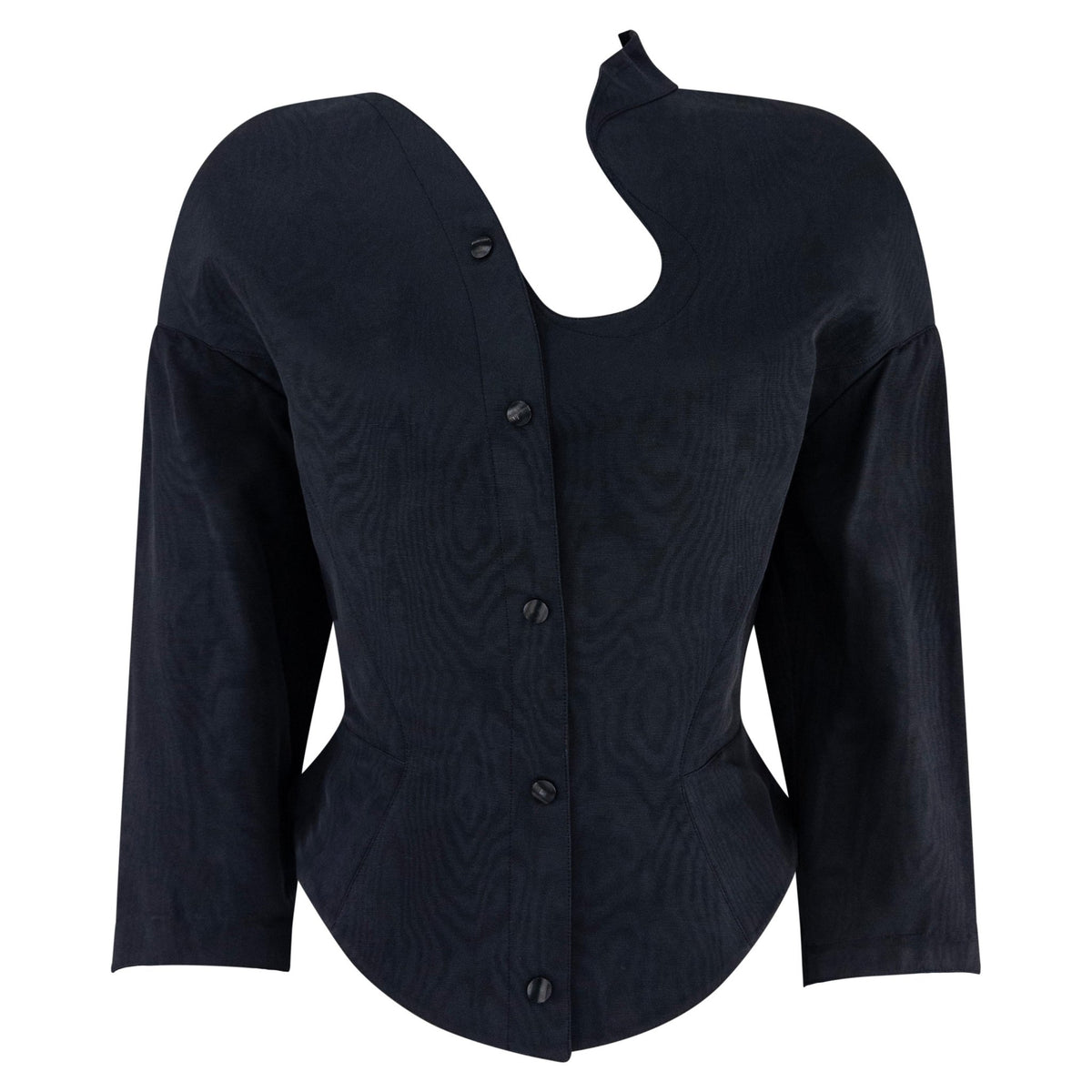 1980s Thierry Mugler Asymmetric Navy Faille Cropped Blazer Jacket - RealList