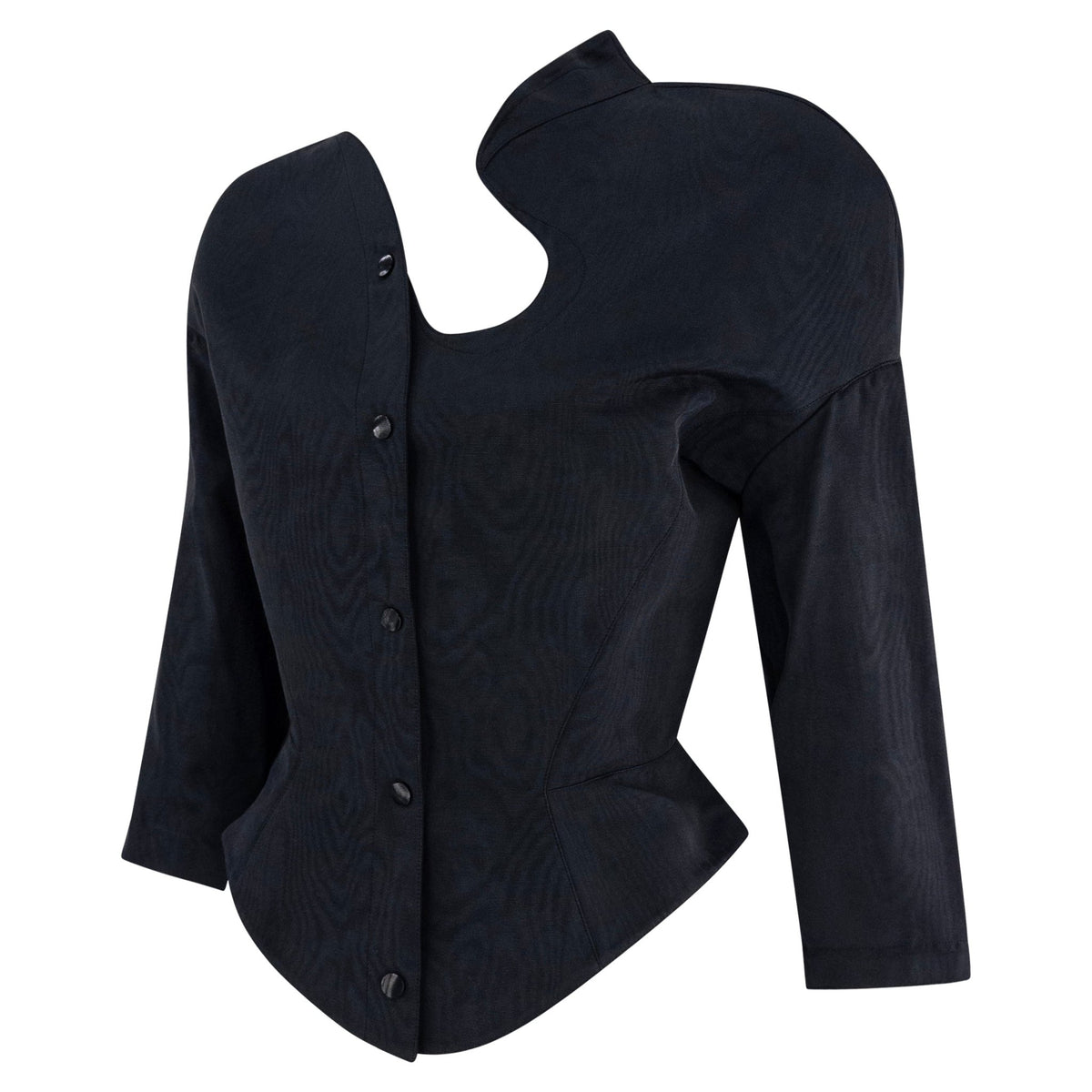 1980s Thierry Mugler Asymmetric Navy Faille Cropped Blazer Jacket - RealList