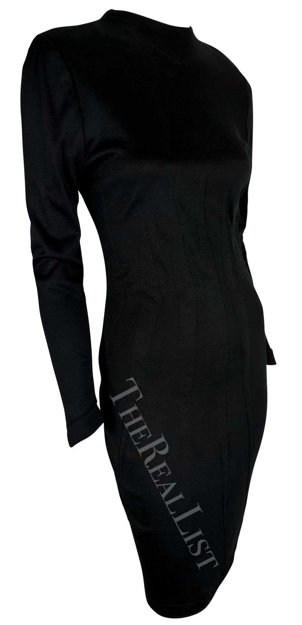 1980s Thierry Mugler Black Darted Long Sleeve Bodycon Dress - RealList
