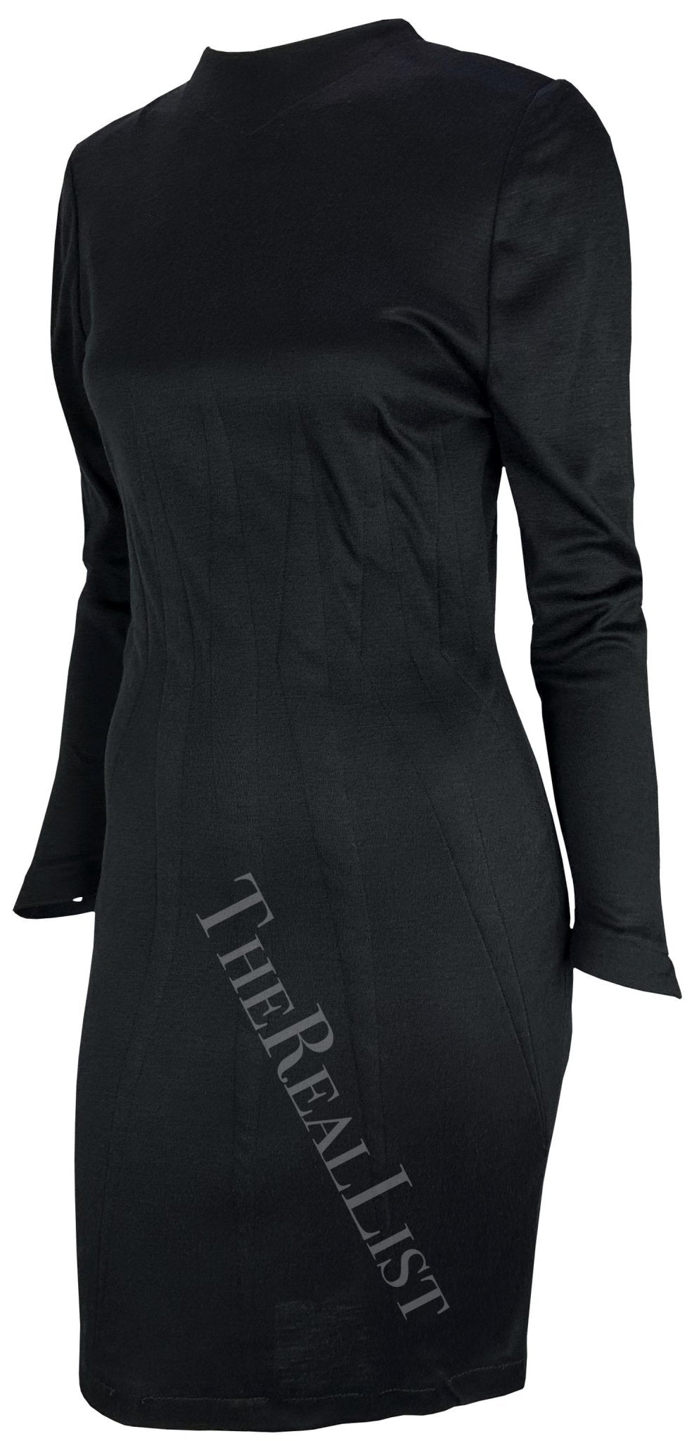 1980s Thierry Mugler Black Darted Long Sleeve Bodycon Dress - RealList