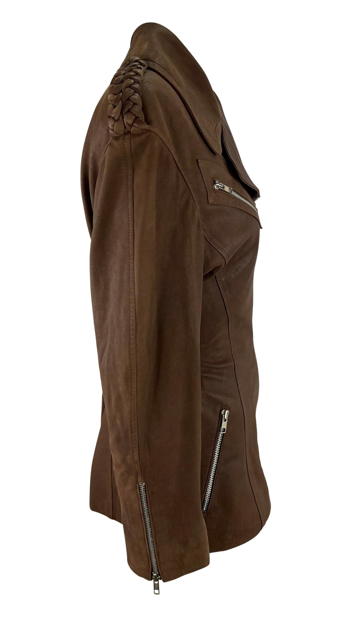 1980s Thierry Mugler Brown Suede Leather Moto Zip Biker Jacket - RealList