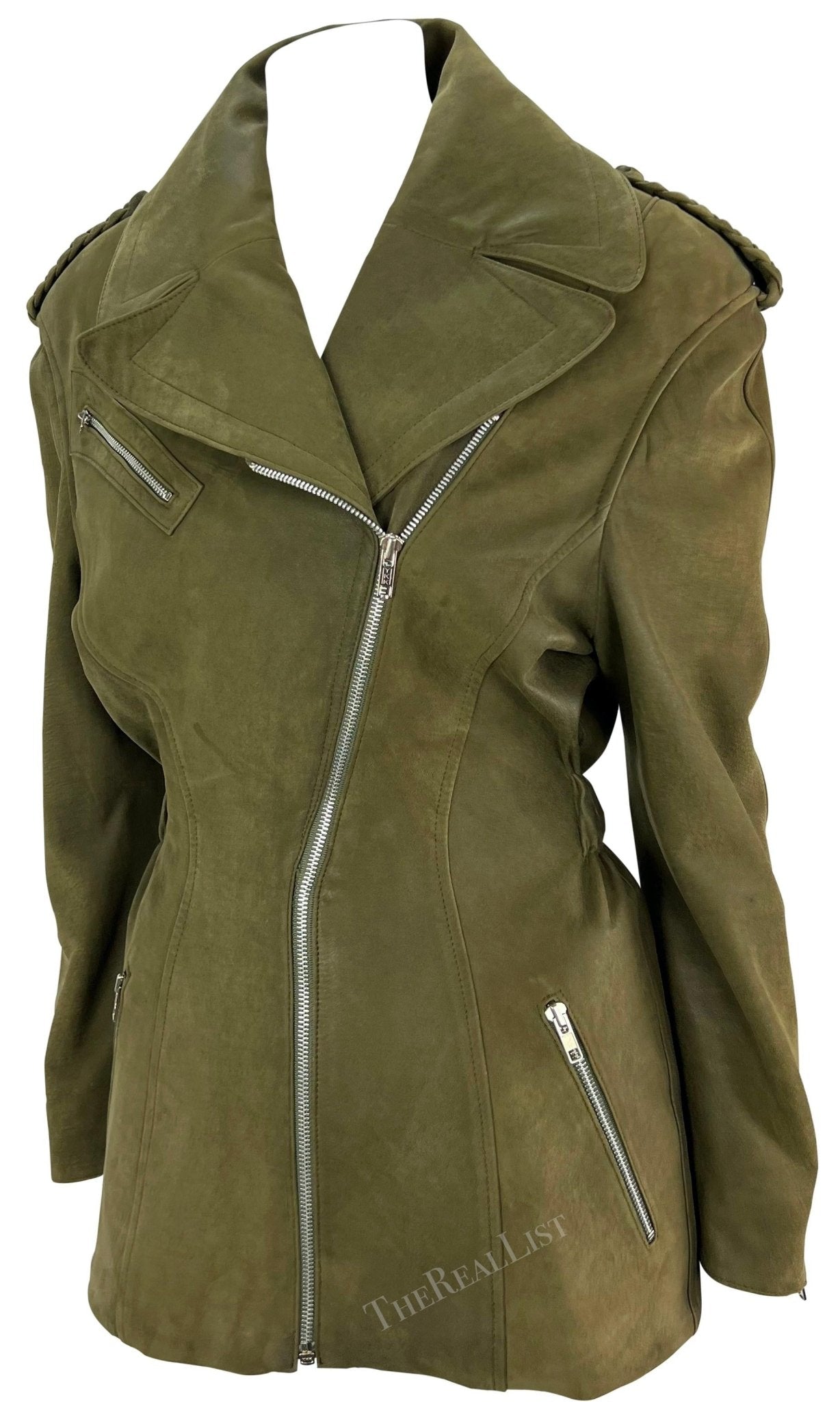 1980s Thierry Mugler Dark Green Moto Suede Jacket - RealList