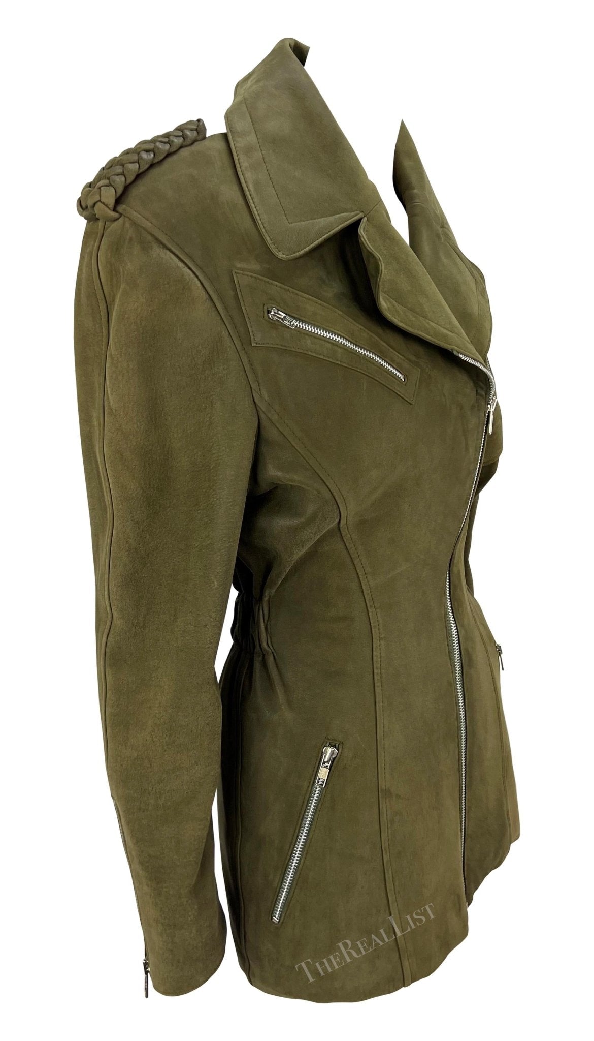 1980s Thierry Mugler Dark Green Moto Suede Jacket - RealList