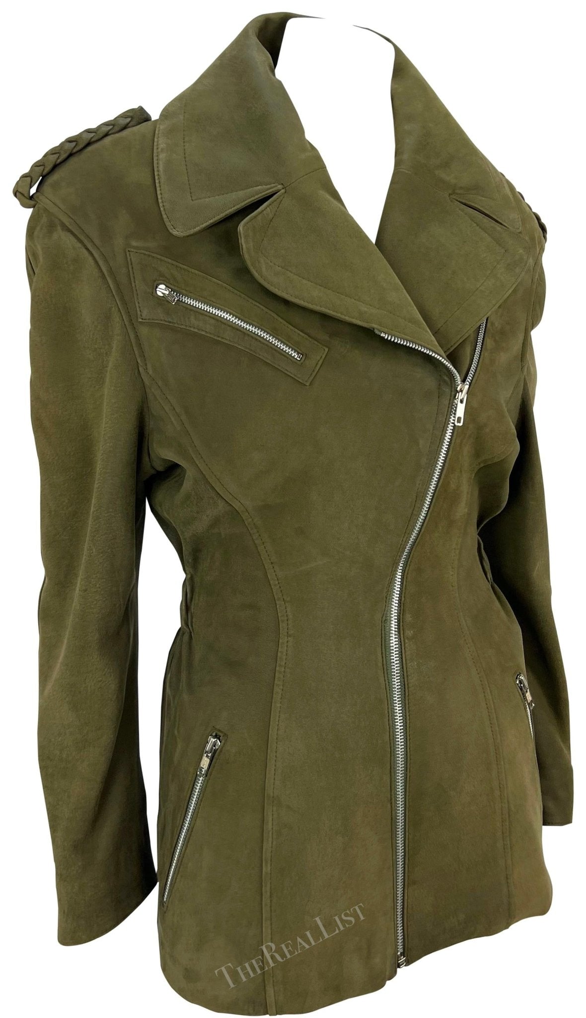 1980s Thierry Mugler Dark Green Moto Suede Jacket - RealList