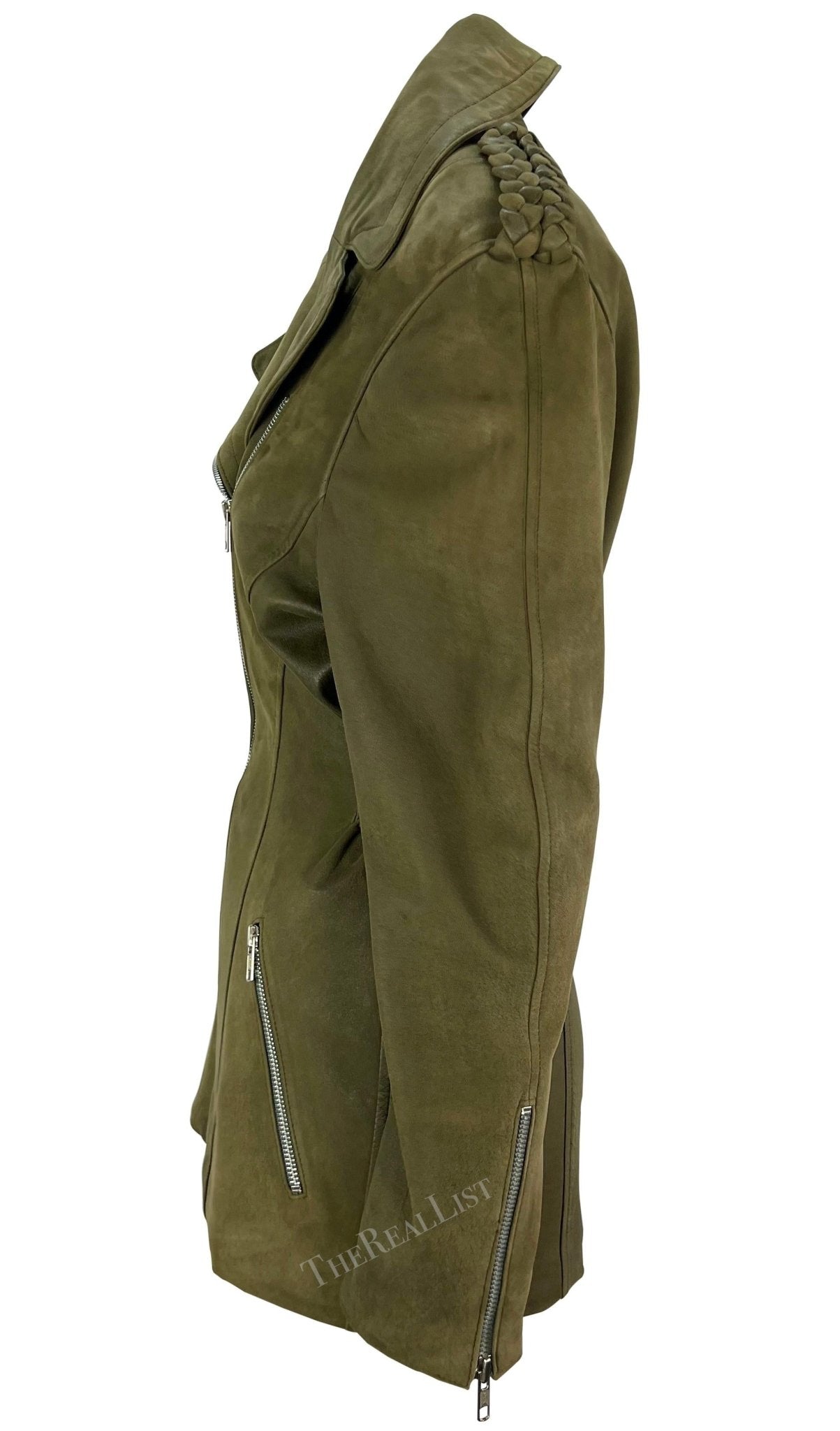 1980s Thierry Mugler Dark Green Moto Suede Jacket - RealList