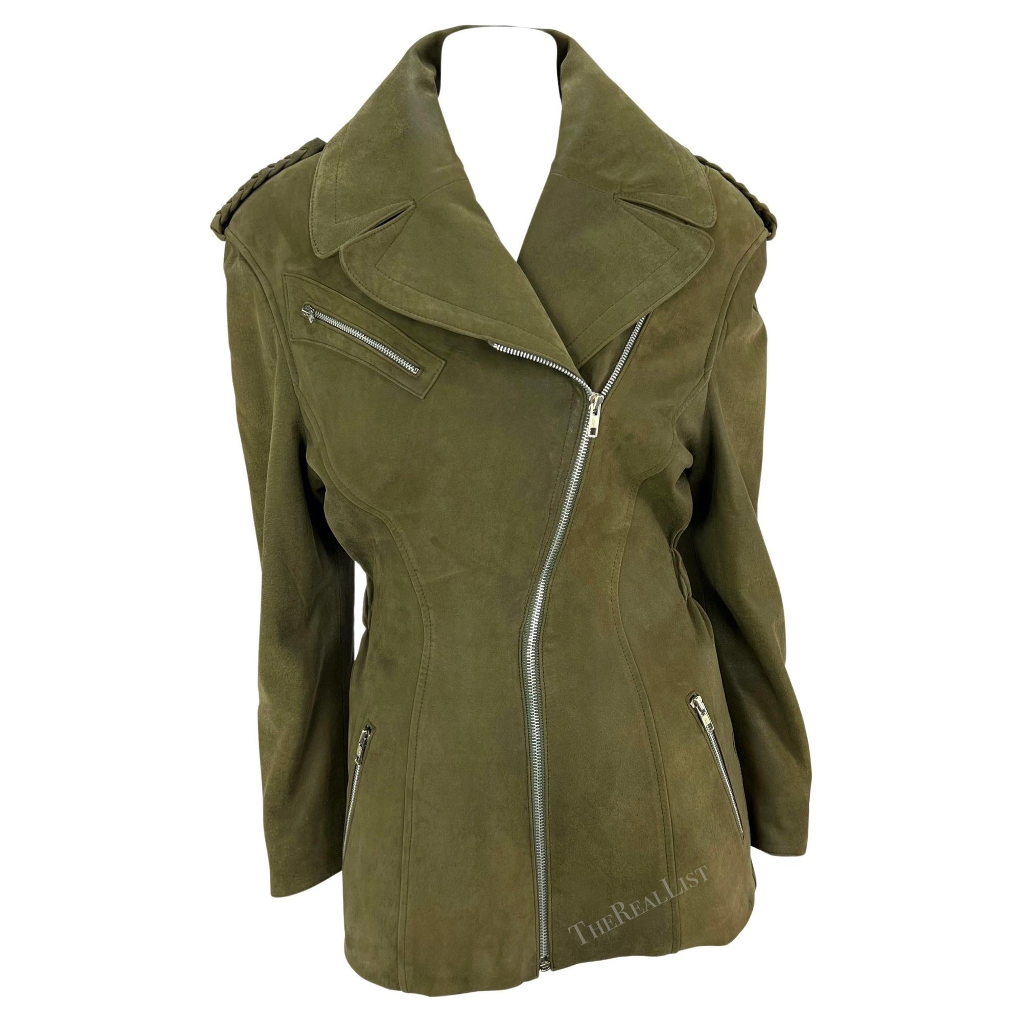 1980s Thierry Mugler Dark Green Moto Suede Jacket - RealList