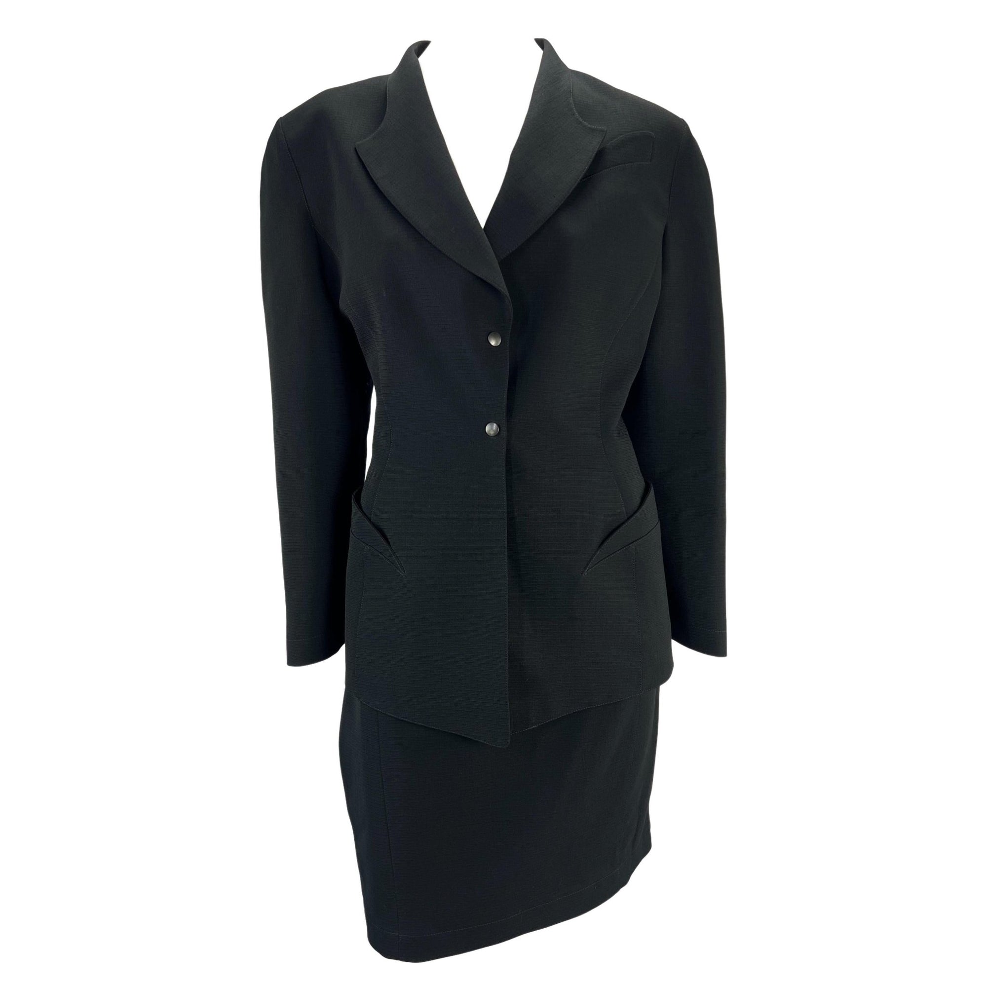 1980s Thierry Mugler Sculptural Black Wool Skirt Suit - RealList