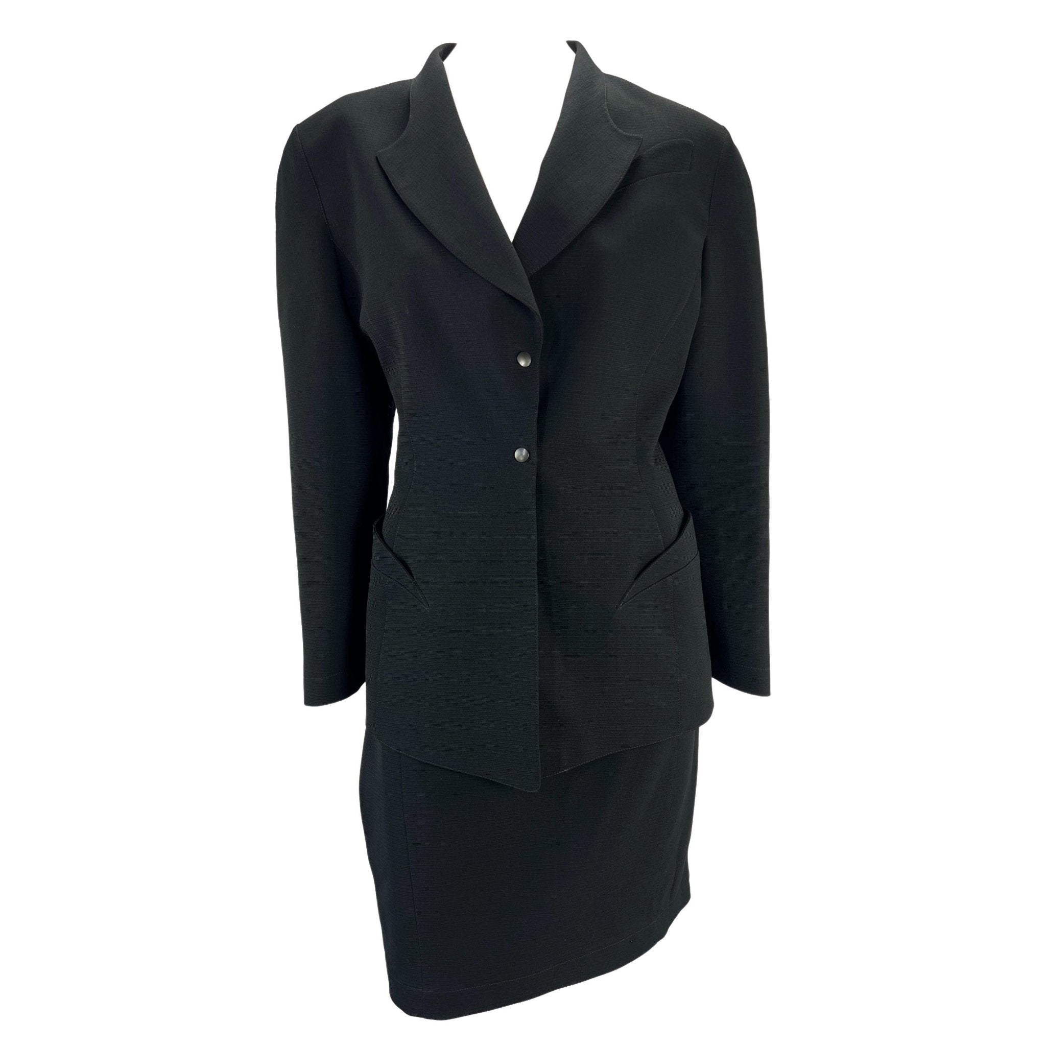 1980s Thierry Mugler Sculptural Black Wool Skirt Suit - RealList