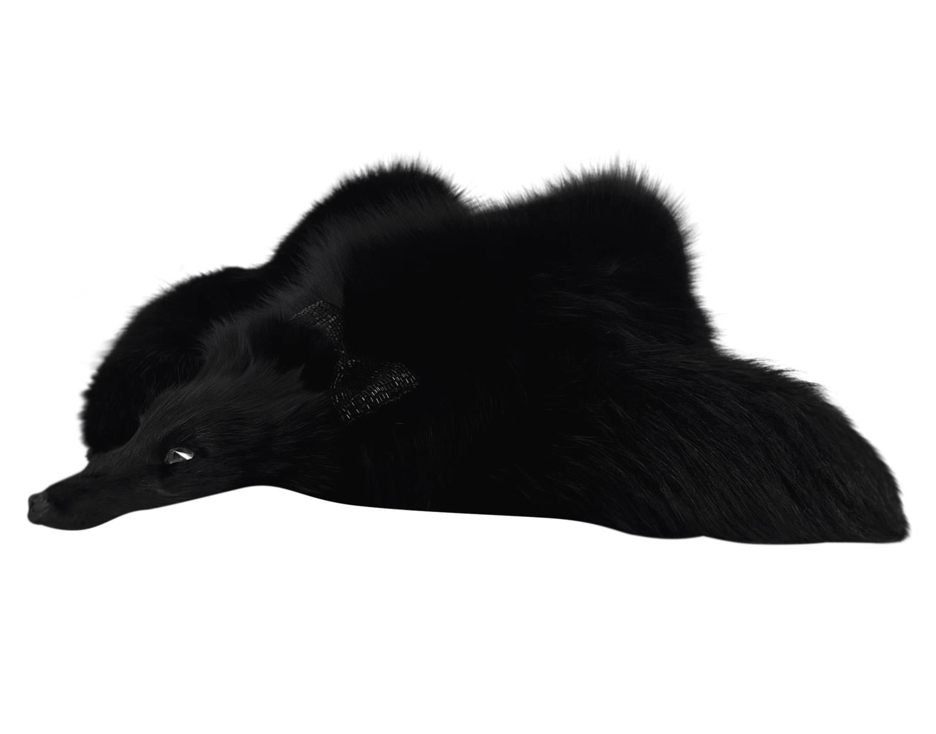 1984 Valentino Garavani Runway Rhinestone Beaded Bow Night Black Fox Fur Scarf - RealList