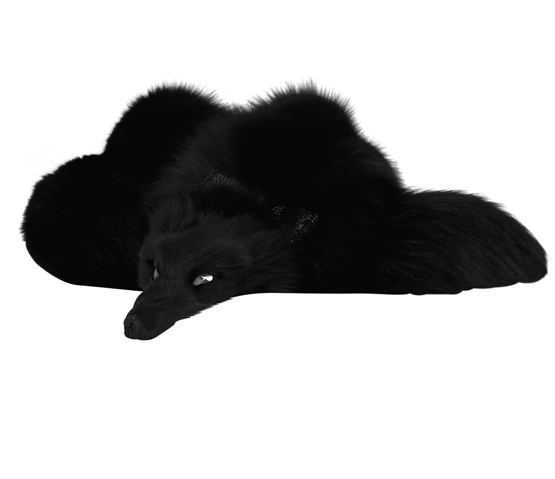 1984 Valentino Garavani Runway Rhinestone Beaded Bow Night Black Fox Fur Scarf - RealList