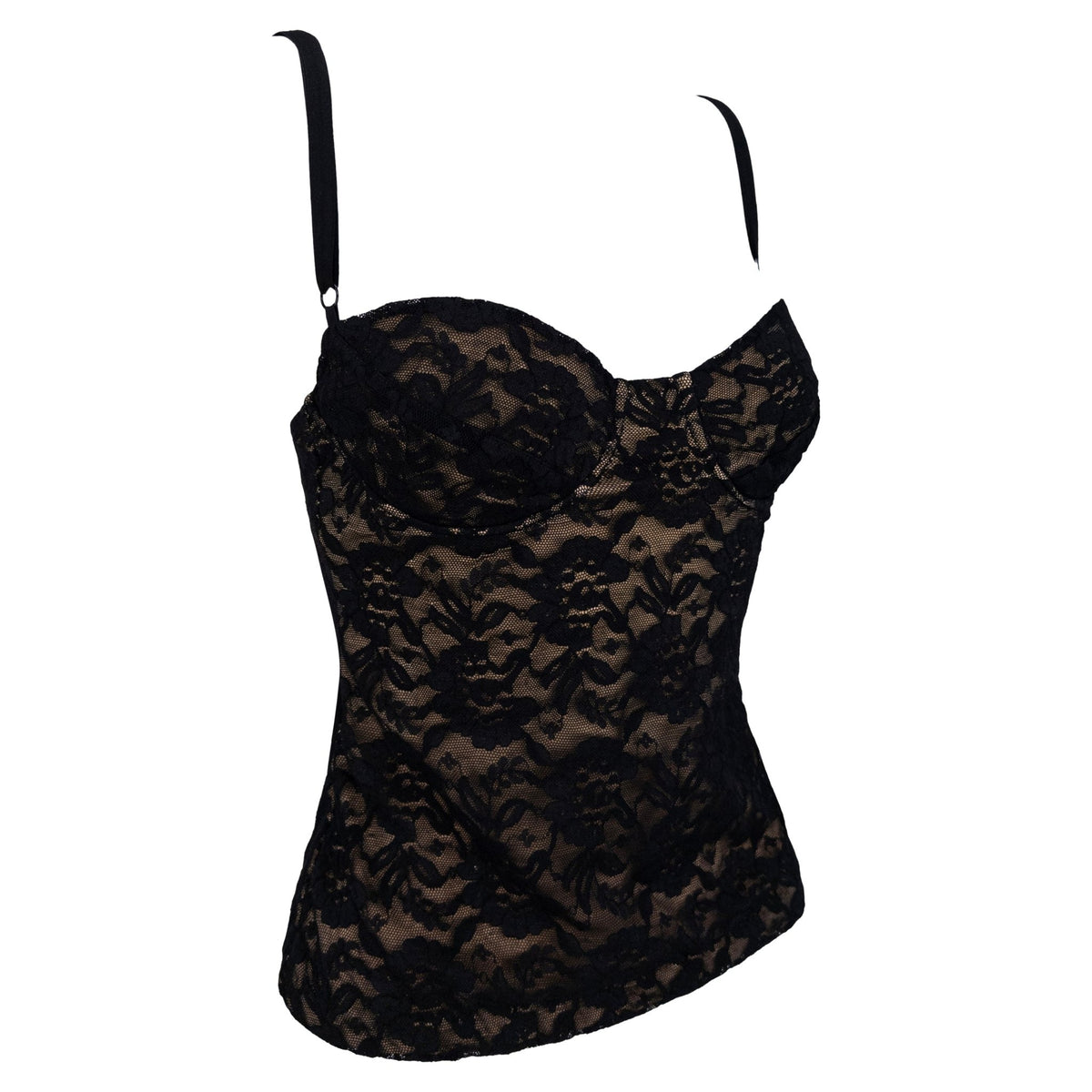 1988 Norma Kamali Black Lace Overlay Stretch Beige Bustier Tank Top - RealList