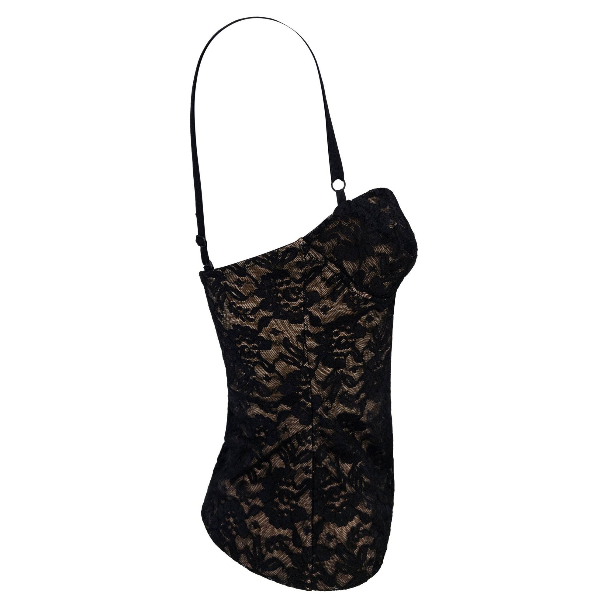 1988 Norma Kamali Black Lace Overlay Stretch Beige Bustier Tank Top - RealList