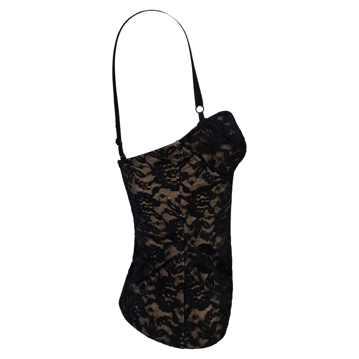 1988 Norma Kamali Black Lace Overlay Stretch Beige Bustier Tank Top - RealList