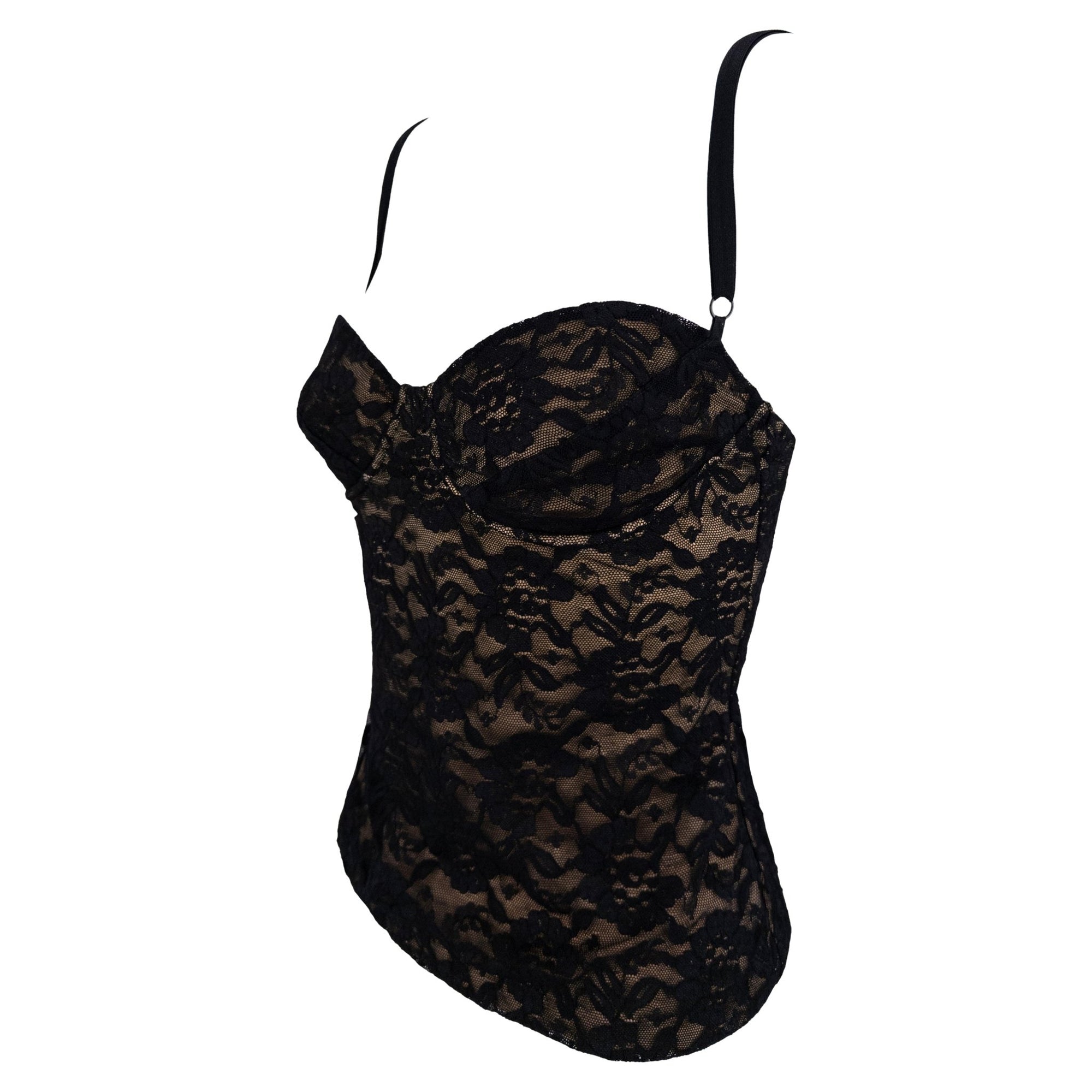 1988 Norma Kamali Black Lace Overlay Stretch Beige Bustier Tank Top - RealList