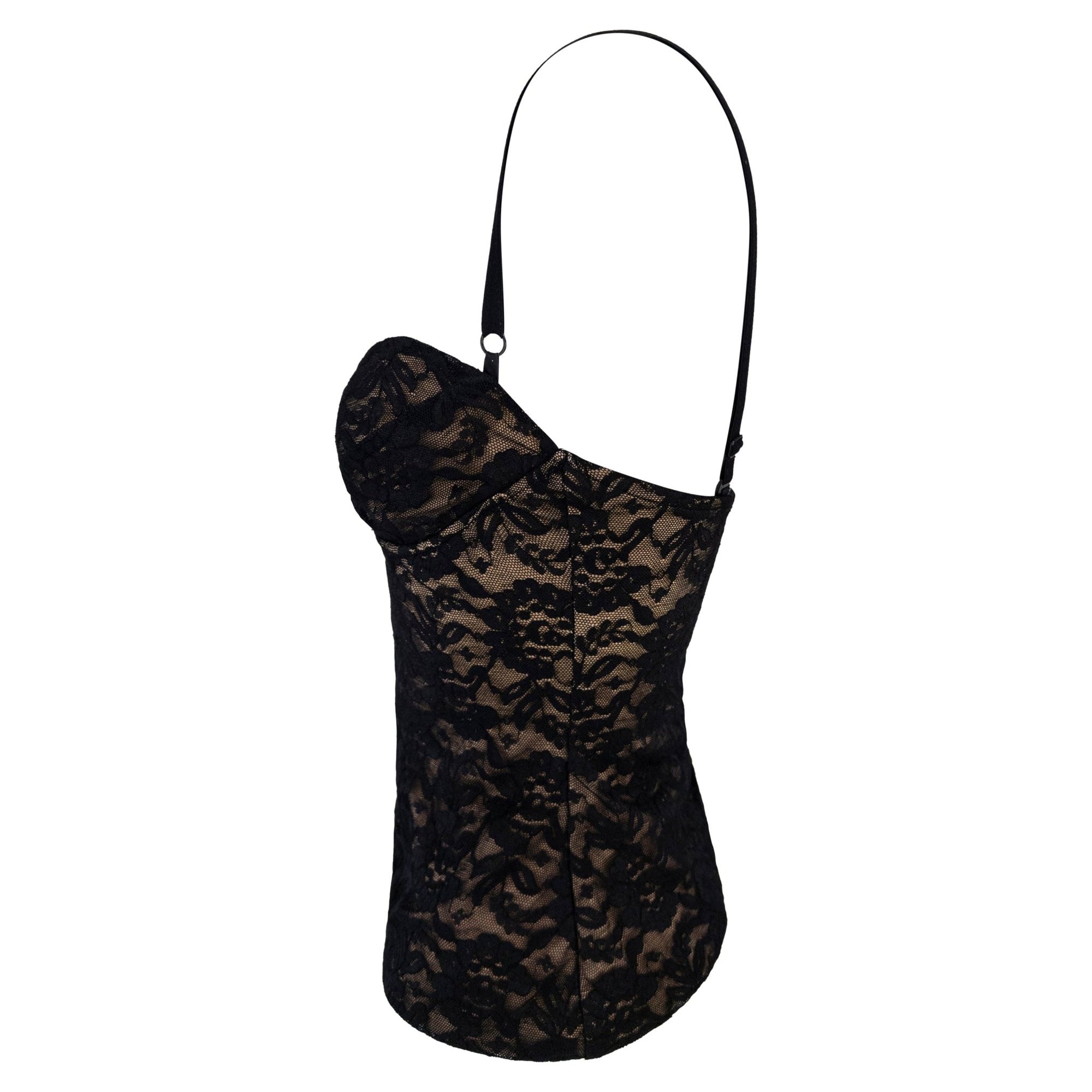 1988 Norma Kamali Black Lace Overlay Stretch Beige Bustier Tank Top - RealList