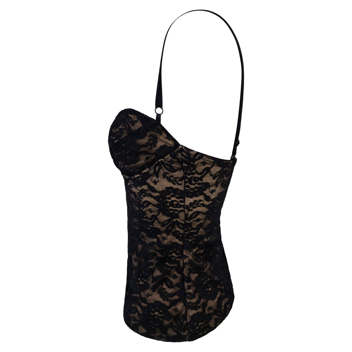 1988 Norma Kamali Black Lace Overlay Stretch Beige Bustier Tank Top - RealList