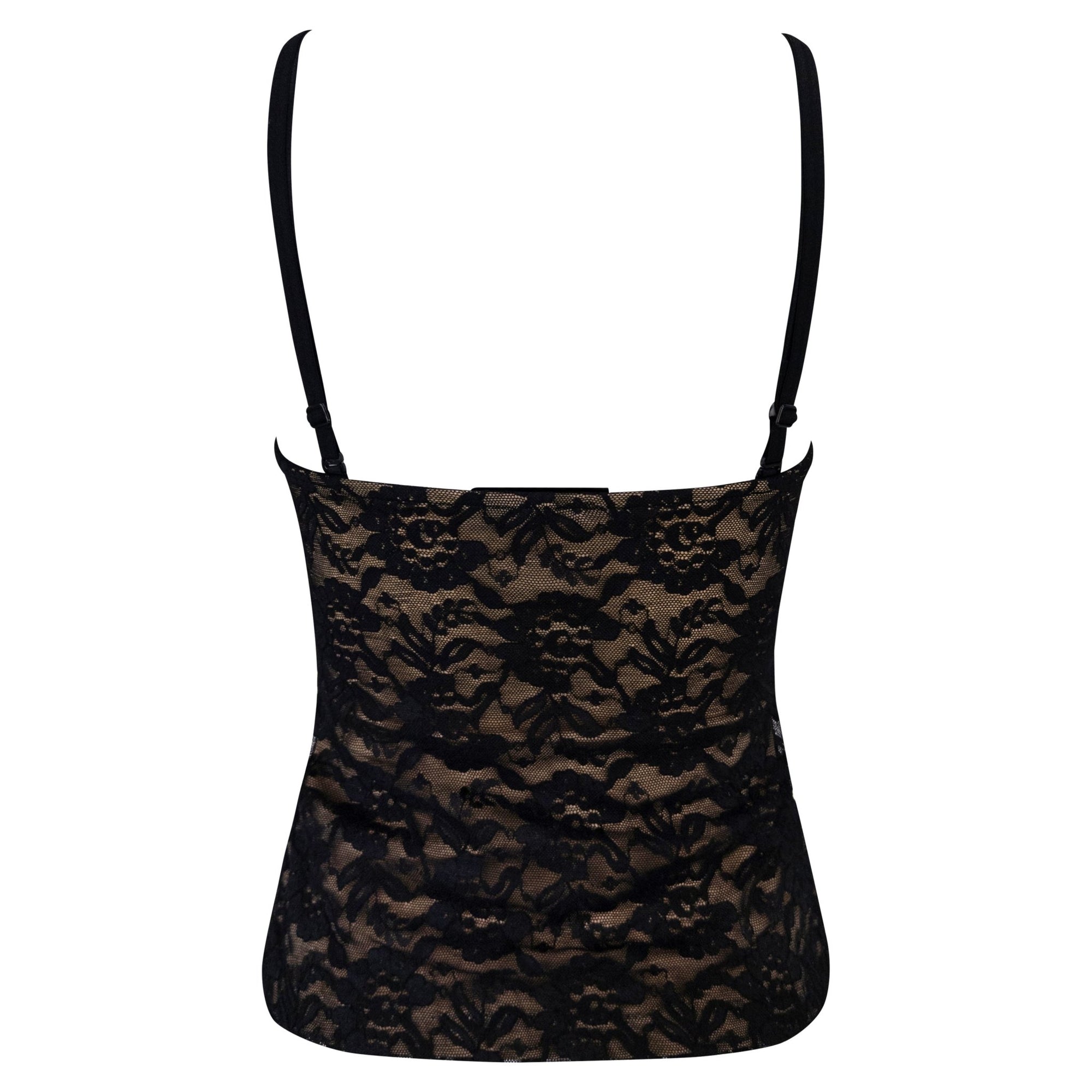 1988 Norma Kamali Black Lace Overlay Stretch Beige Bustier Tank Top - RealList