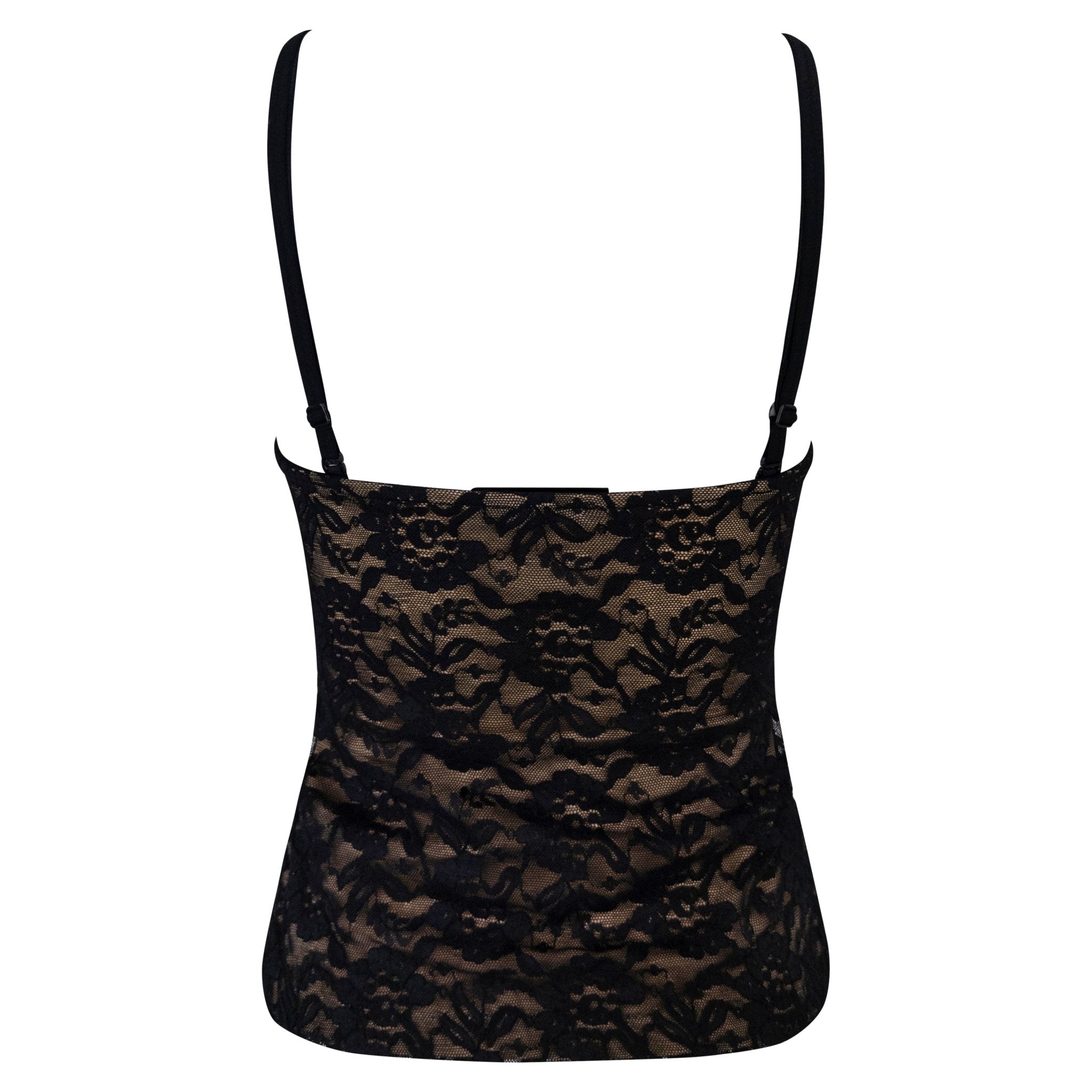 1988 Norma Kamali Black Lace Overlay Stretch Beige Bustier Tank Top - RealList