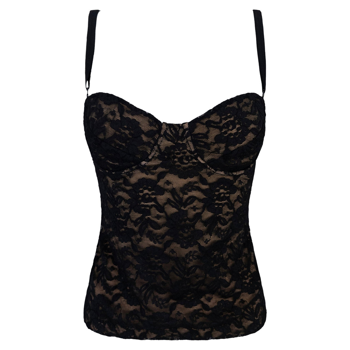1988 Norma Kamali Black Lace Overlay Stretch Beige Bustier Tank Top - RealList