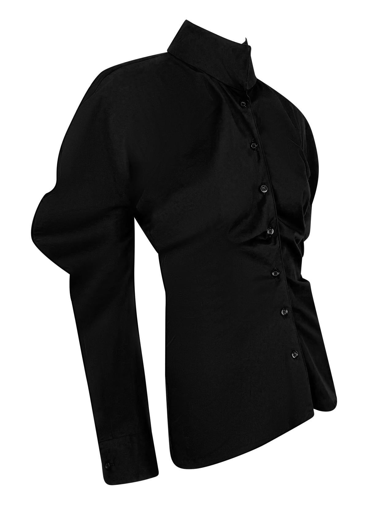 1990s Alexander McQueen Black Collared Button Up Rounded Blouse Top - RealList