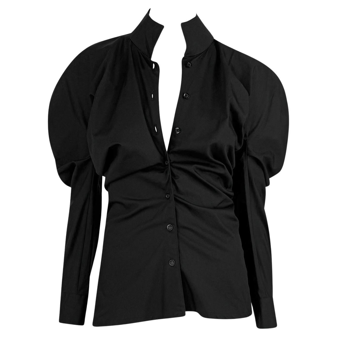 1990s Alexander McQueen Black Collared Button Up Rounded Blouse Top - RealList