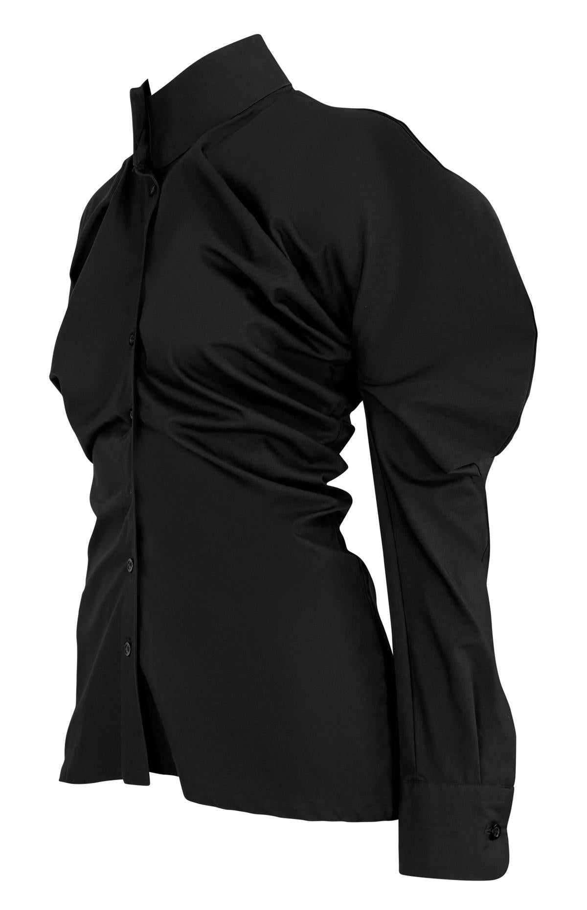 1990s Alexander McQueen Black Collared Button Up Rounded Blouse Top - RealList